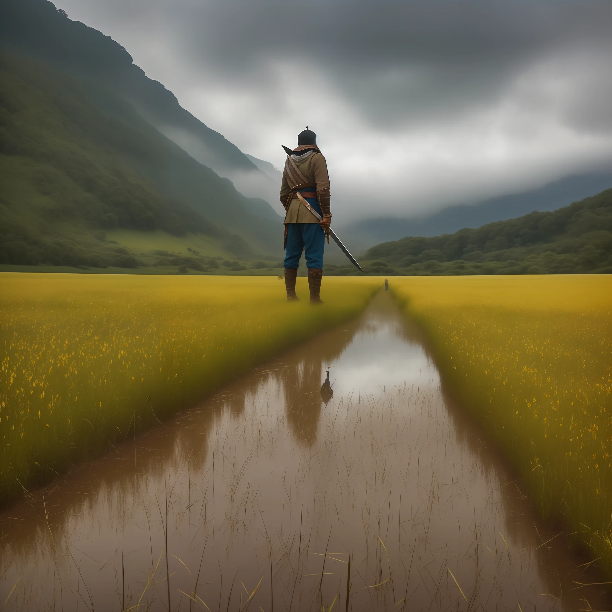 Man, strong, without camsa holding a long sword in the field, looking up at sky from afar, rainy weather
