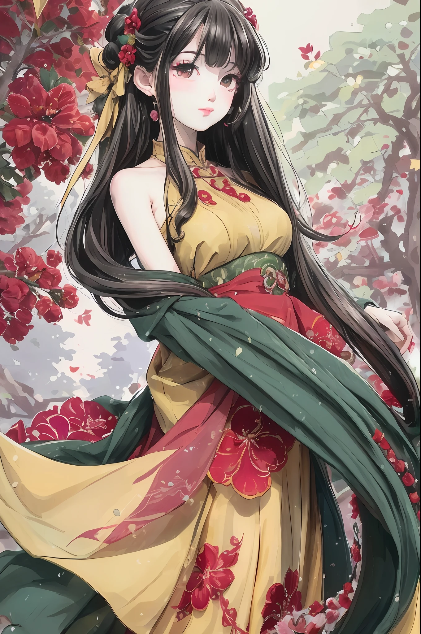 Masterpiece, best quality, official art, 8k wallpaper, very detailed, illustration, 1 girl, (clothes with begonia flower style, red and green petals embellished), black hair, long hair, detailed eyes, plane tree background, yellow petals piled on the ground, bare shoulders, lake, pure, soft smile,