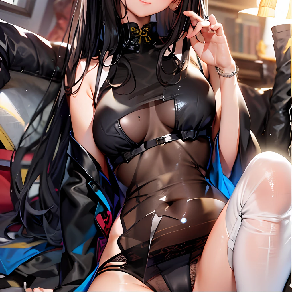 Black Hair Long Hair (Cheongsam See-Through Material) (Underwear Black Wet) (Collar Chain)