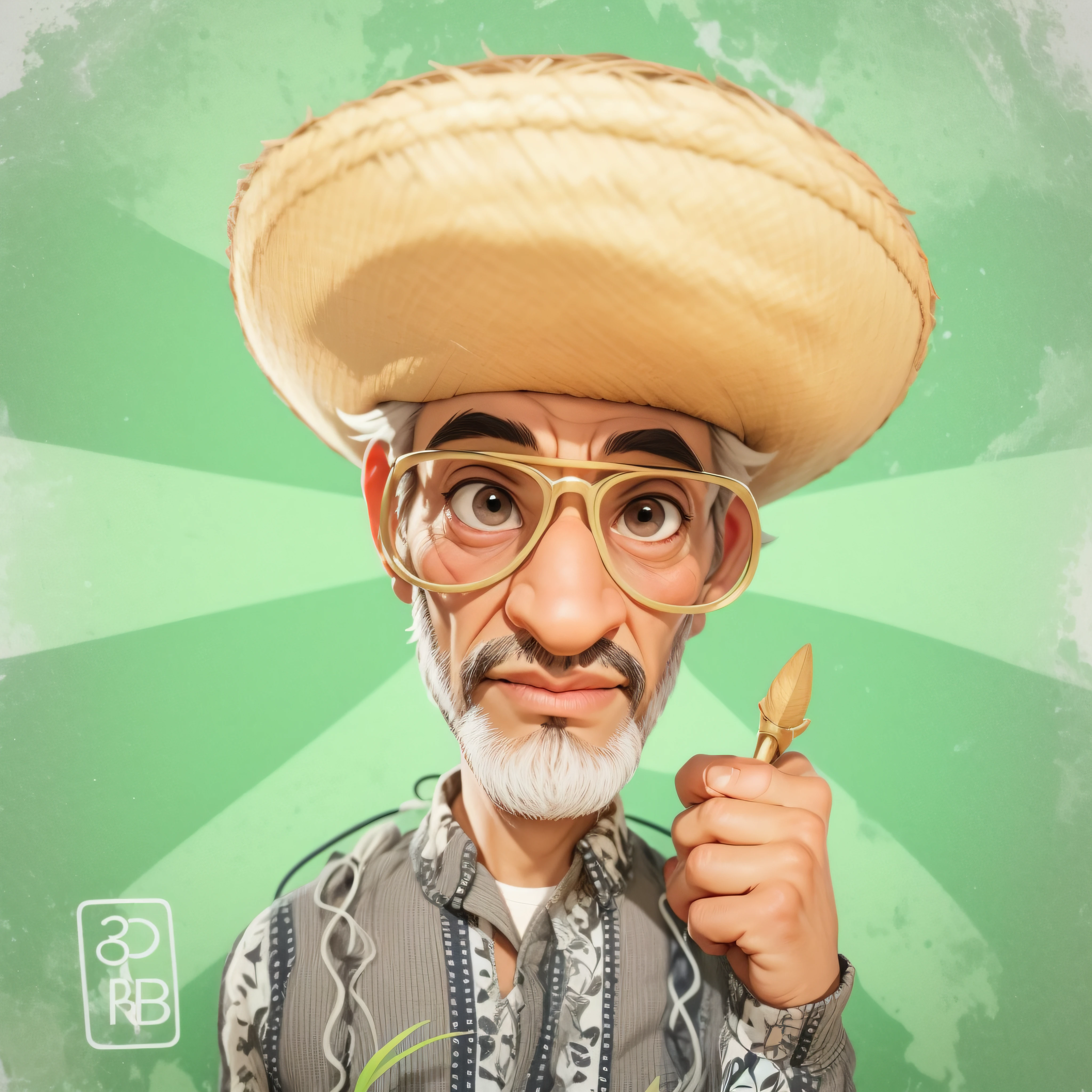 Lord of approximately 65 years gray hair, dark brunette,((Dark skin)), straw hat on head, sunglasses, masterpiece, best quality, 3d rending work, 3DMM style, close-up, portrait, 3D, realistic, upper body, radio studio background, looking away, light brown eyes,white beard, fleshy lips, striped shirt green colors, white. ((all-white background)).