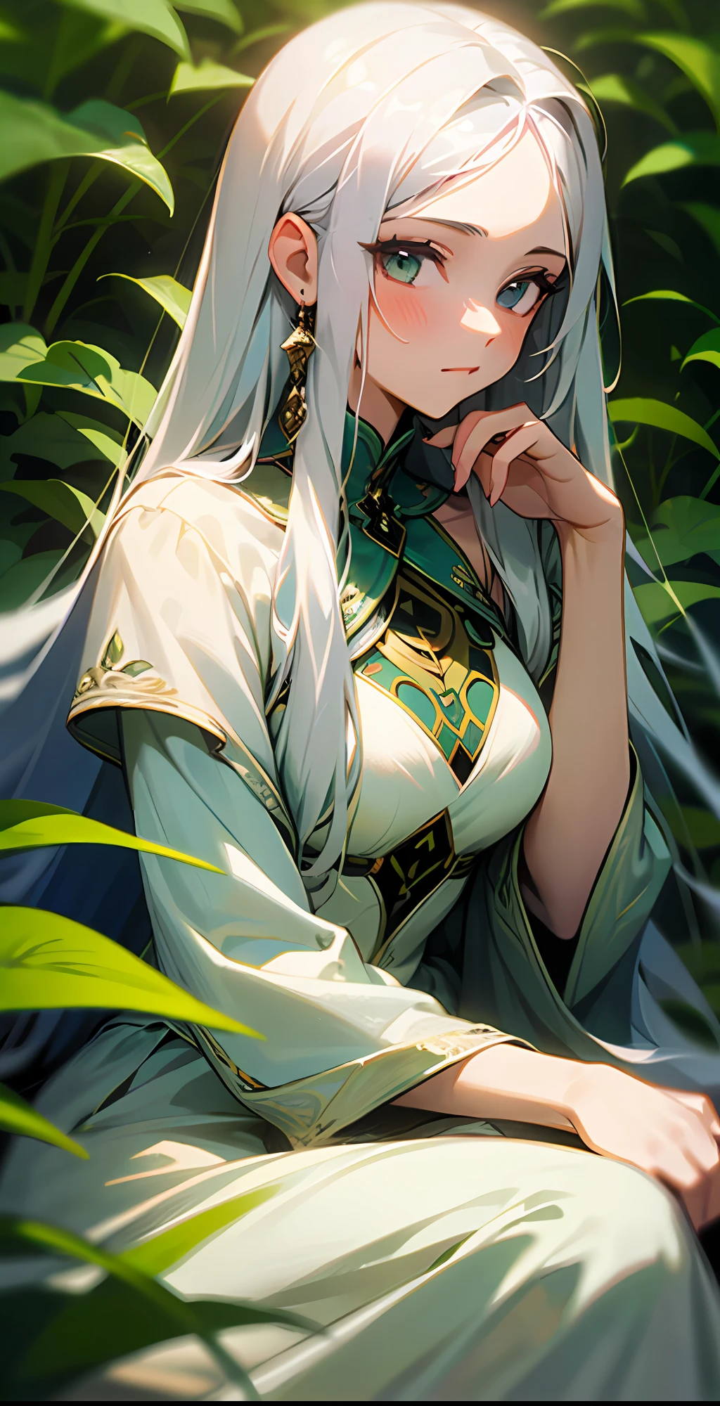 (masterpiece, best quality),1girl with long white hair sitting in a field of green plants and flowers, her hand under her chin, warm lighting, white dress, blurry foreground