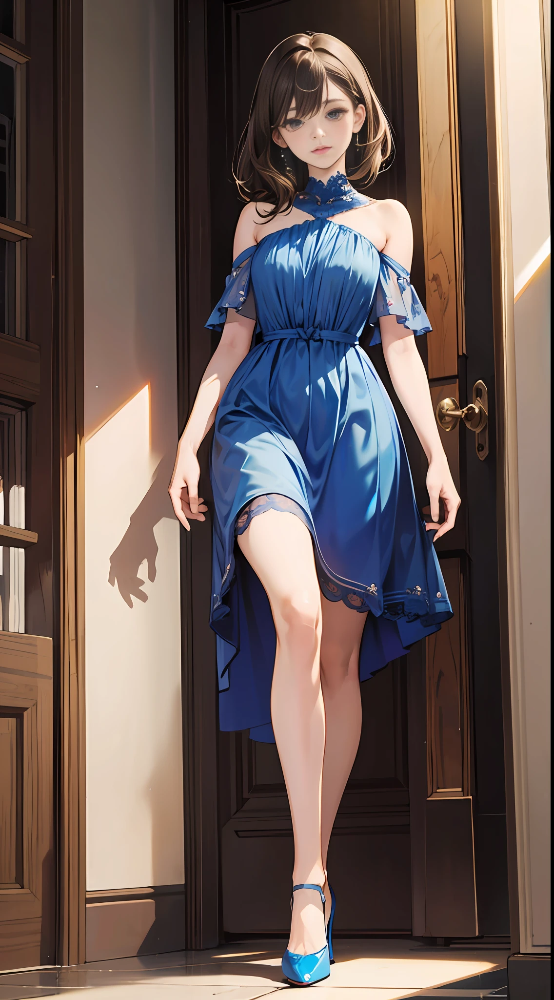 1girl, solo, brown hair, blue dress, blue high heels, closed toe high heels