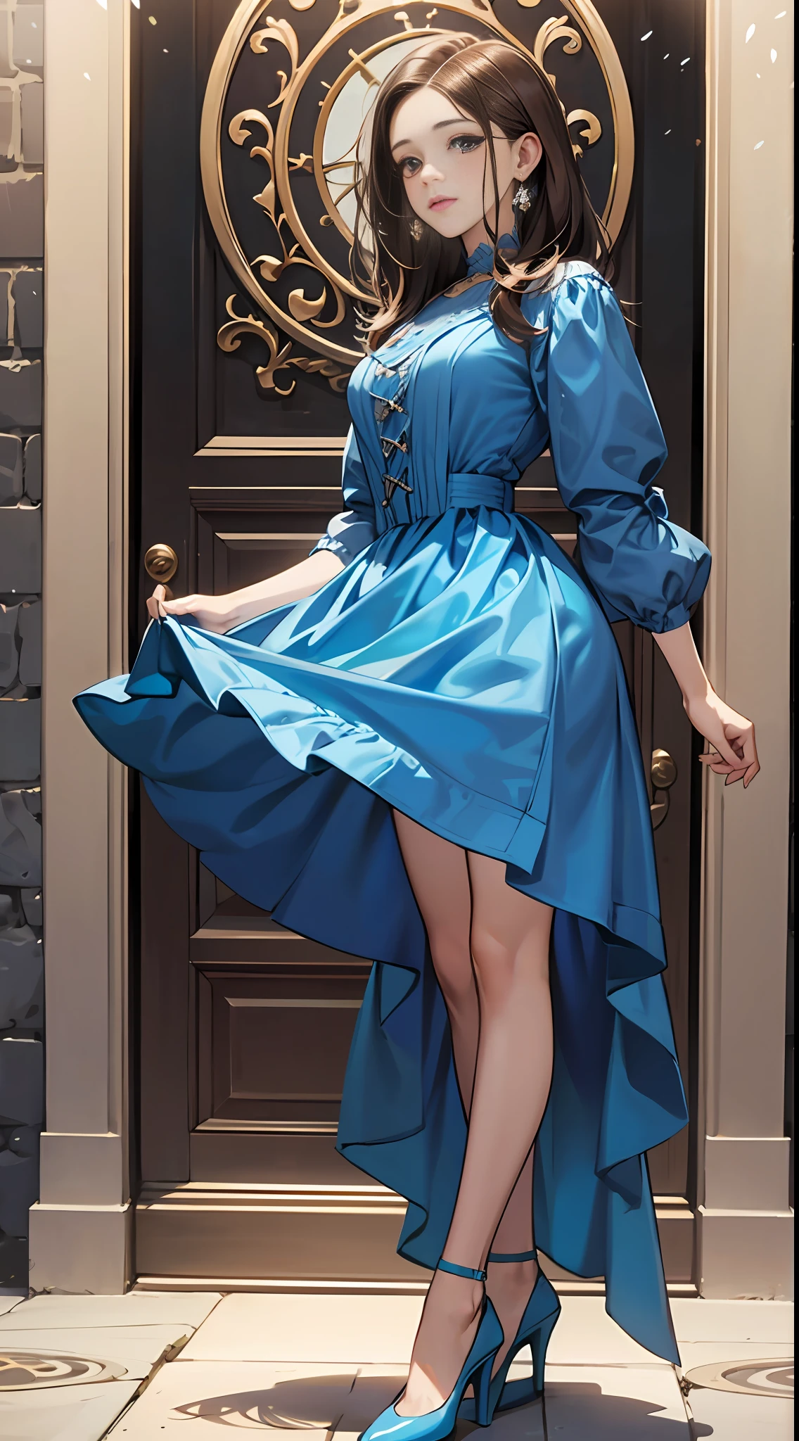 1girl, solo, brown hair, blue dress, blue high heels, closed toe high heels