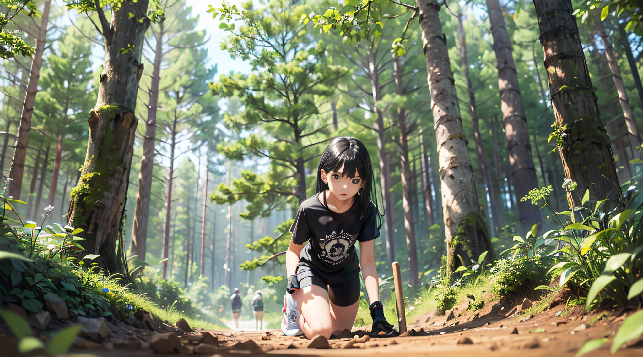 an 8-year-old girl named Anne, full body, kneeling on the ground lowered facing a large tree digging a hole in the ground in a forest, wearing plain black biker shorts, plain white T-shirt with no image, white sneakers, white skin, black eyes, fleshy lips, straight shoulder-length black hair,  small, skinny hands. absurdities, better quality, soil, aside