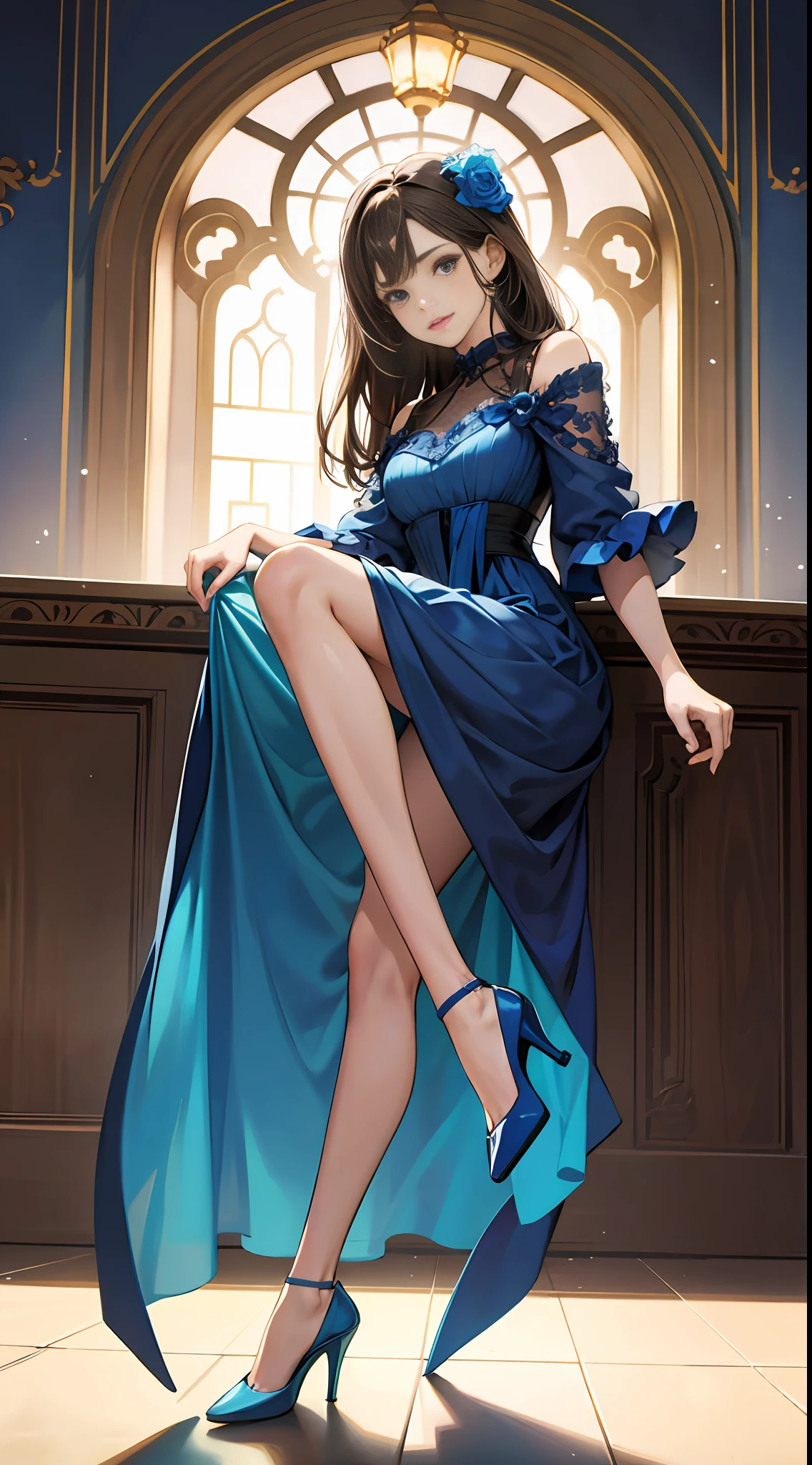 1girl, solo, brown hair, blue dress, blue high heels, closed toe high heels