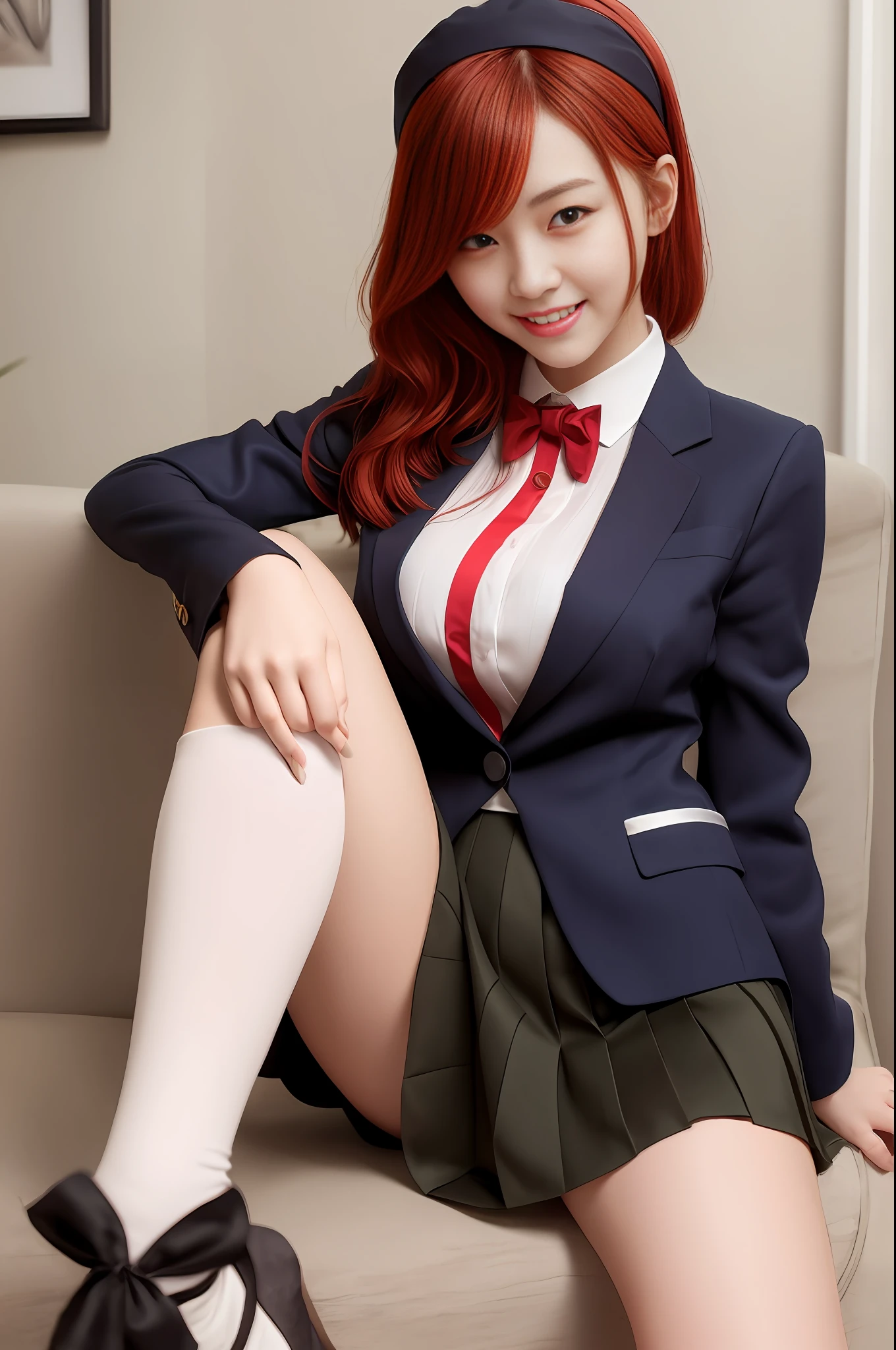 Beautiful Chinese 18 year old woman, (silk) blouse, silk ribbon bow tie, short pleated skirt, blazer, shirt wavy hair, red (hair band), masterpiece, best quality, smiling, cute, knee high socks