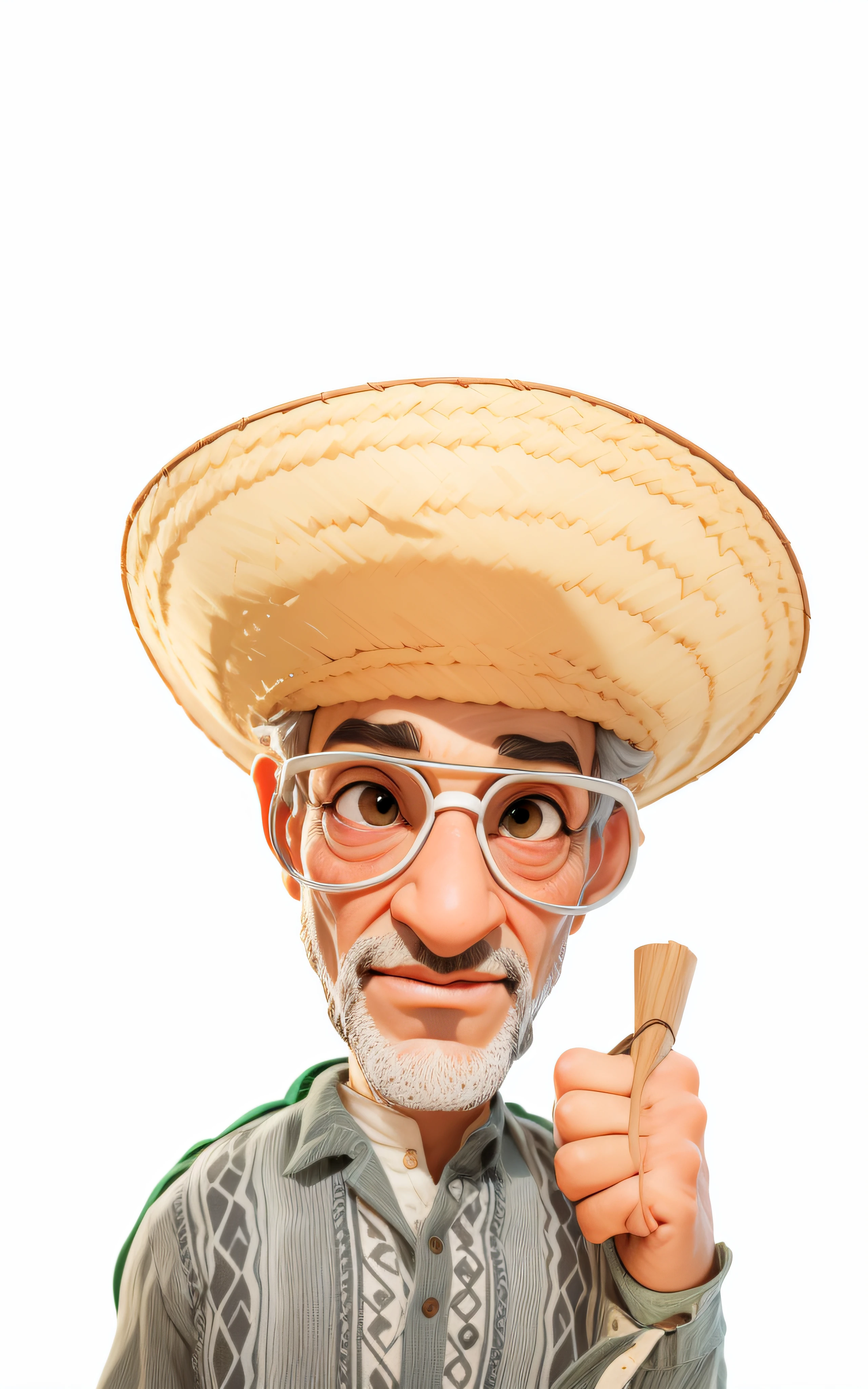 Lord of approximately 65 years gray hair, dark brunette,((Dark skin)), straw hat on head, sunglasses, masterpiece, best quality, 3d rending work, 3DMM style, close-up, portrait, 3D, realistic, upper body, radio studio background, looking away, light brown eyes,white beard, fleshy lips, striped shirt green colors, white. ((all-white background)).