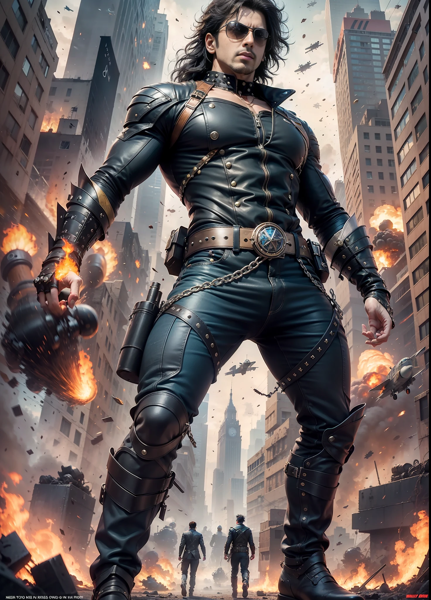 Movie poster krrish, sunglasses, rivets, explosions, guns, planes, one person, full body.