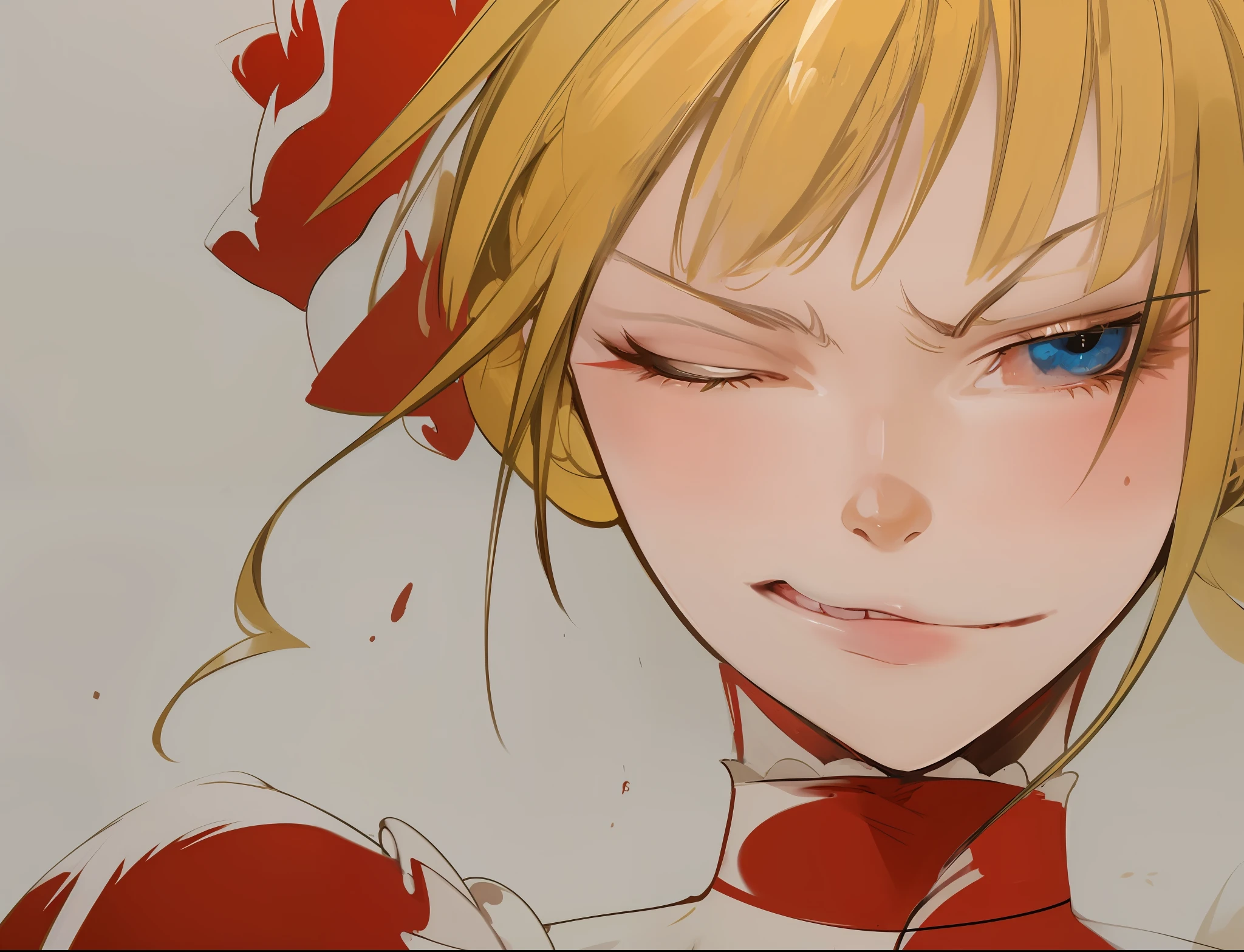 Best Quality, Ultra High Resolution, Detailed Face, Realism, Face Realistic, Extremely Beautiful Eyes, Italian Beauty, Golden Qi Bangs, (High Density Display: 1.4), Sex Turn, A Girl, Solo, Crazy Detail, Intricate Detail, Ultra Detail, Soft Cinematic Light, Exposure Mixing, High Density Display, Intense Light and Shadow, Beatrice (Umineko), Bad Smile, Glow Blue Eyes, Closed One Eye, Long Eyelashes, Contemptuous Eyes, Contemptuous, Gradient Pupils, Golden Eyelashes, blushing, big breasts, raised corners of the mouth, V-shaped eyebrows, gloomy face, scary, evil, lewd expression.