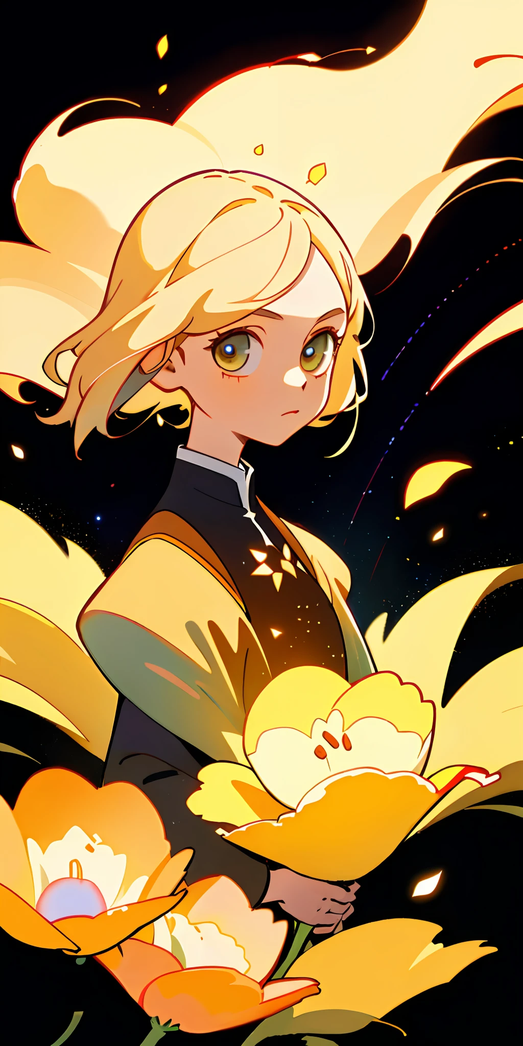 (best quality, masterpiece), 1girl, particle, wind, flower, upper body, dark simple background, looking at viewer, blonde, galaxy