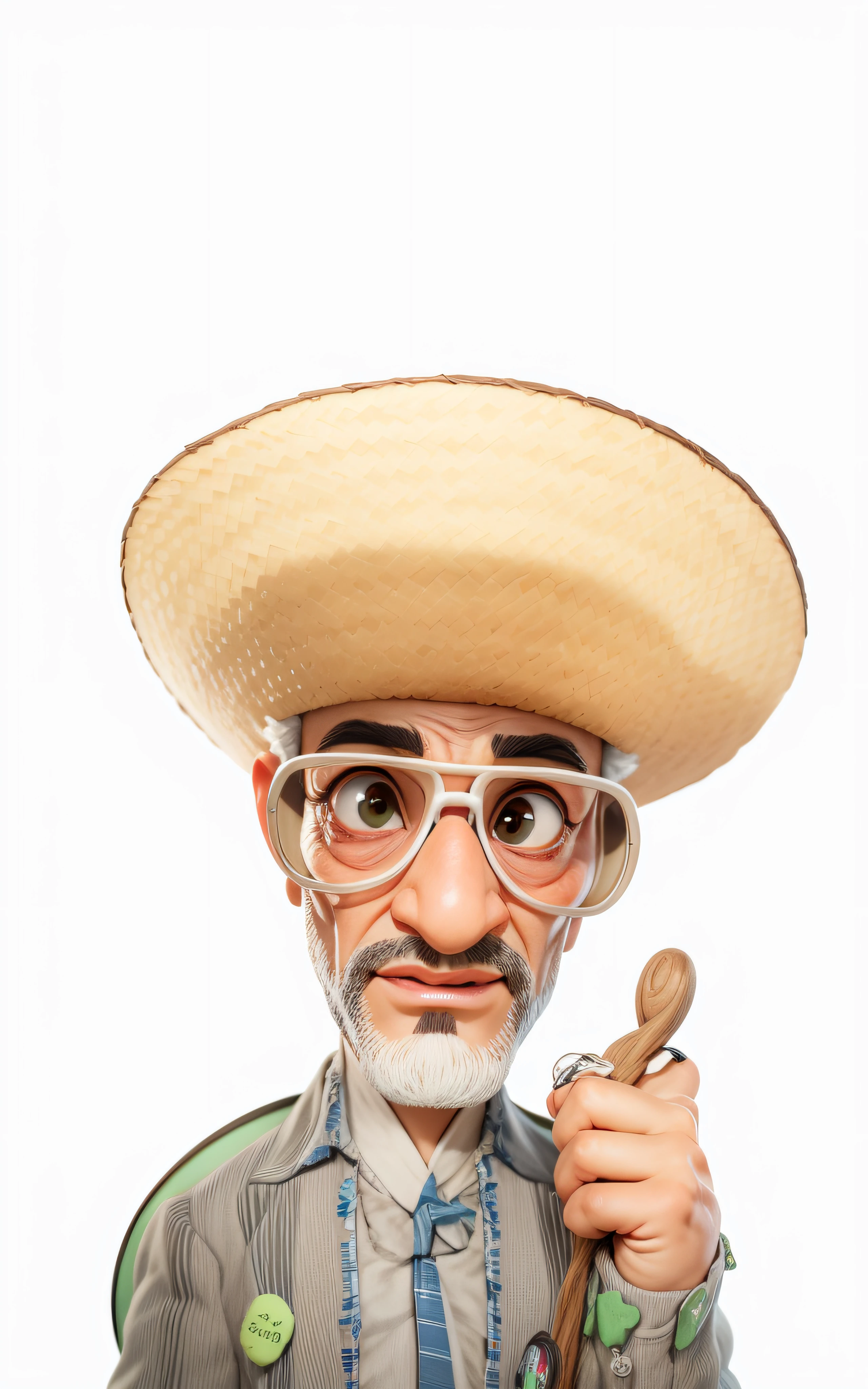 Lord of approximately 65 years gray hair, dark brunette,((Dark skin)), straw hat on head, sunglasses, masterpiece, best quality, 3d rending work, 3DMM style, close-up, portrait, 3D, realistic, upper body, radio studio background, looking away, light brown eyes,white beard, fleshy lips, striped shirt green colors, white. ((all-white background)).