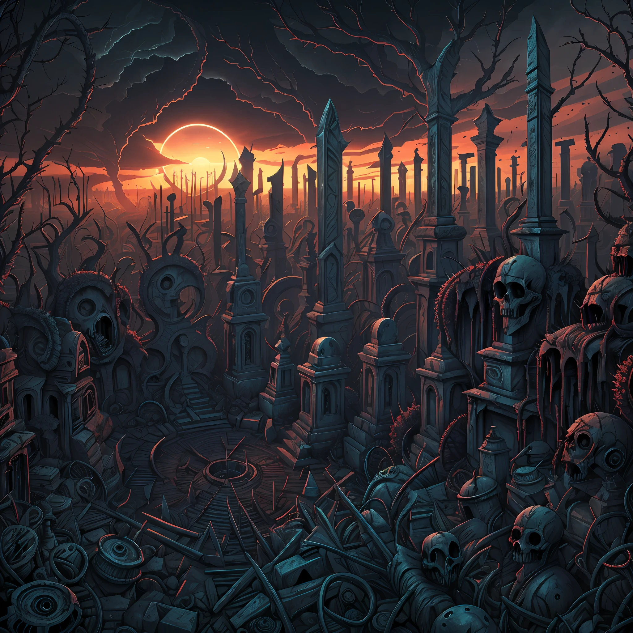 Vast angle, view from the top, creepy landscape of biomechanic cemetery. Dark horror, creepy vibration, biomechanic tombs; ruined sculptures, Madness and frenzy; spikes and thorns. Color drawing, unreal engine, UHD.