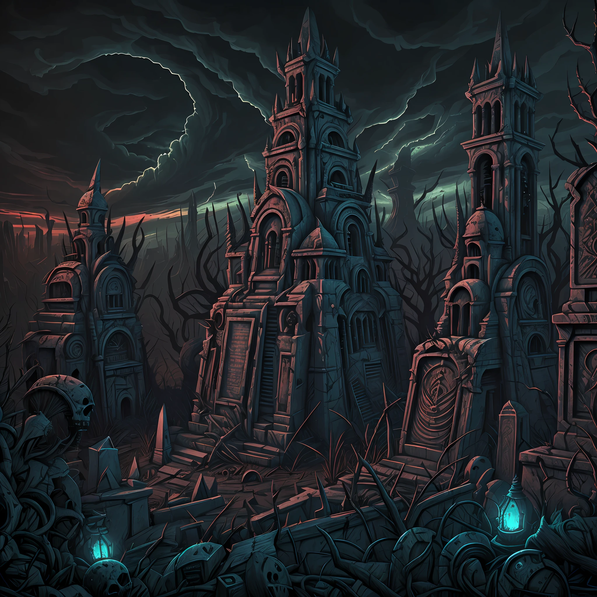 Vast angle, view from the top, creepy landscape of biomechanic cemetery. Dark horror, creepy vibration, biomechanic tombs; ruined sculptures, Madness and frenzy; spikes and thorns. Color drawing, unreal engine, UHD.