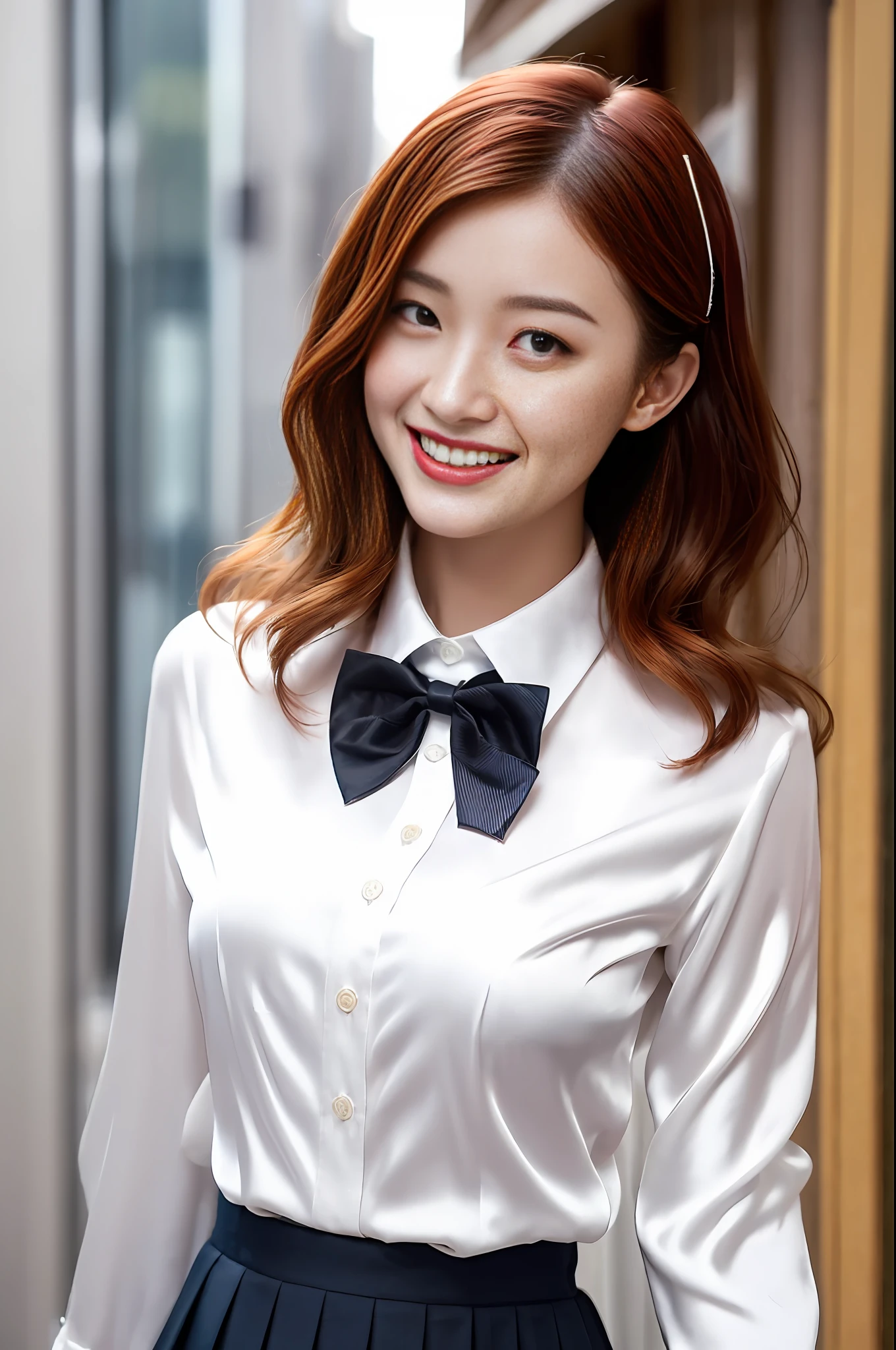 Beautiful Chinese 18 year old woman, silk( blouse, silk ribbon bow tie, short pleated skirt, blazer, shirt wavy hair, red hair band, masterpiece, best quality, smiling, cute