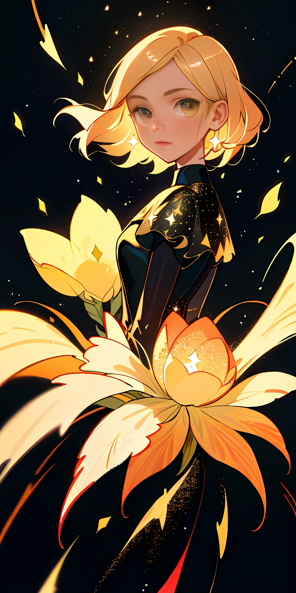 (best quality, masterpiece), 1girl, galaxy, glitter, dress, particle, wind, flower, upper body, dark simple background, looking at viewer, blonde,