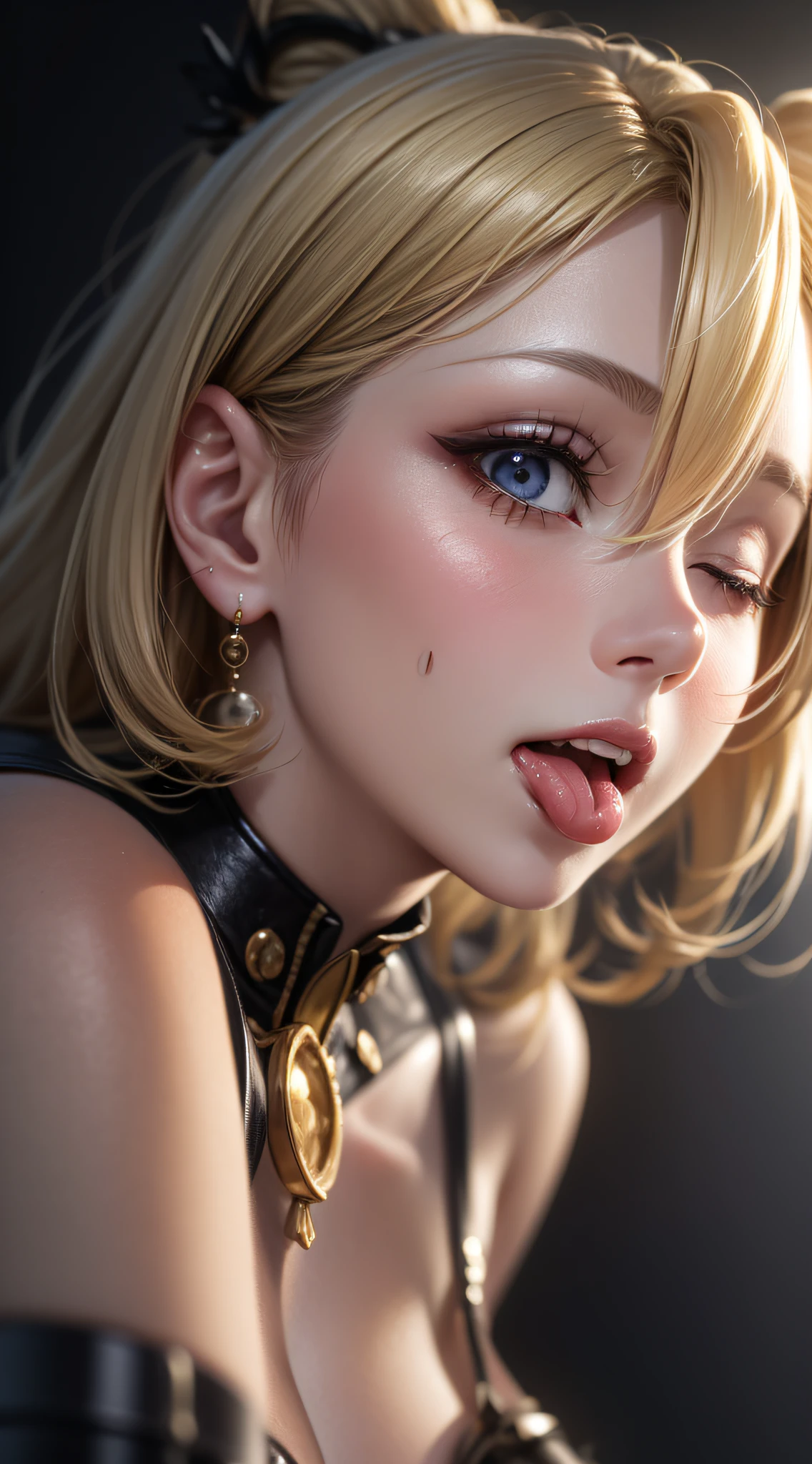 Top Quality, High Resolution, with 18, 1girl, Android 18, Solo, Blonde Hair, Blue Eyes, Short Hair, Earrings, Jewelry,(Ultra High Resolution, Realistic, Reality, Best Quality, Reality), (8K, Original Photo, Best Quality, Masterpiece), (NSFW)), (Photon Mapping, Telepotion, Physically Based Rendering, Auto White Balance), Tech, Awesome, Masterpiece, Illustration, WS, Unity, Wallpaper, Official Image, Phenomenal, Detail, Very Polished Aesthetic, Very Detailed, Sharp, Rich Background, Blurred Background, Face Up, (Real Person, Photo), (High Detail Skin, Visible Pore))))), (Face Close-up))), ((Small Breasts)) , Her face is like a work of art, and her facial features are perfectly balanced and symmetrical. Her eyes were closed, her long, thick eyelashes spreading like wings. They are surrounded by delicate arched eyebrows, giving her a sense of maturity and wisdom. Her nose is small and straight, the tip of her nose is slightly directed upwards, her mouth is open and her tongue sticks out languidly, giving her a playful and mischievous feeling. Her lips are plump and full, her natural bulge is sexy and seductive. She smiled, her whole face lit up, and the humans couldn't help but be attracted by her infectiousness. Her skin is porcelain-like, smooth and perfect, exuding a natural glow from the inside. It was as if it was on fire from within, and the emitted light made her stand out from the crowd. Looking at her, I can't help but be fascinated by her beauty, I know that her face will be unforgettable,, bust up, , mouth wide open, tongue out, beautiful tongue, beautiful tongue, close both eyes, heavy saliva dripping, ecstasy, beautiful teeth alignment, a large amount of white liquid drips from the mouth, hands in the mouth, shoot from below