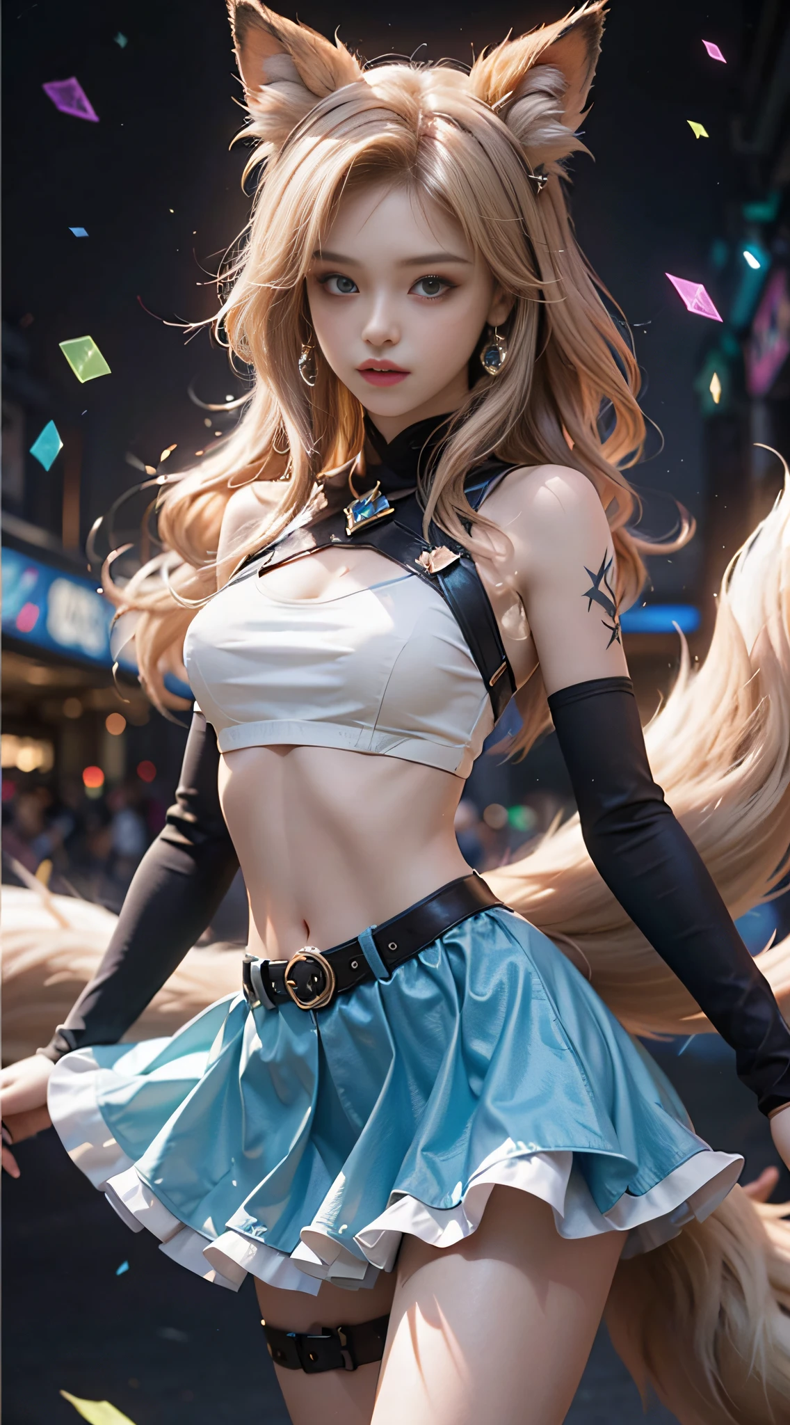 Super Resolution, (Realism: 1.3), 1 (Slim: 1.2) Girl, Solo, Looking at the Audience, League of Legends, Beaver, KDA Beaver, Blonde Hair, Fox Ears, Fox Tail, Clothes Wrapped Top, Blue Long and Short Skirt, White Long Skirt, Laser Sense, Super Perfect Face, Perfect Eyes, Pretty Face, Crystal Tail, Lots of Tails, Perfect Eyes, Multi-layer Texture, Albedo and Highlight Maps, Surface Coloring, Two-color Light, Large Aperture, Low ISO, White Balance