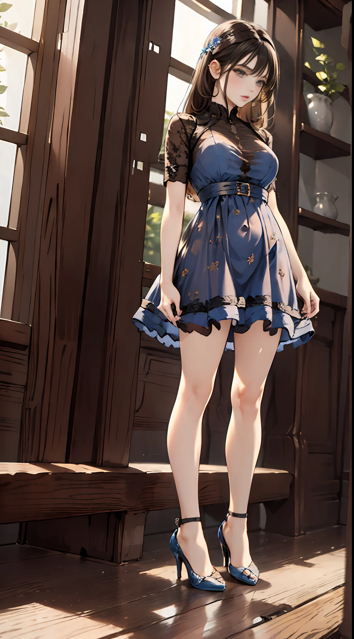1girl, solo, brown hair, blue dress, blue high heels, closed toe high heels