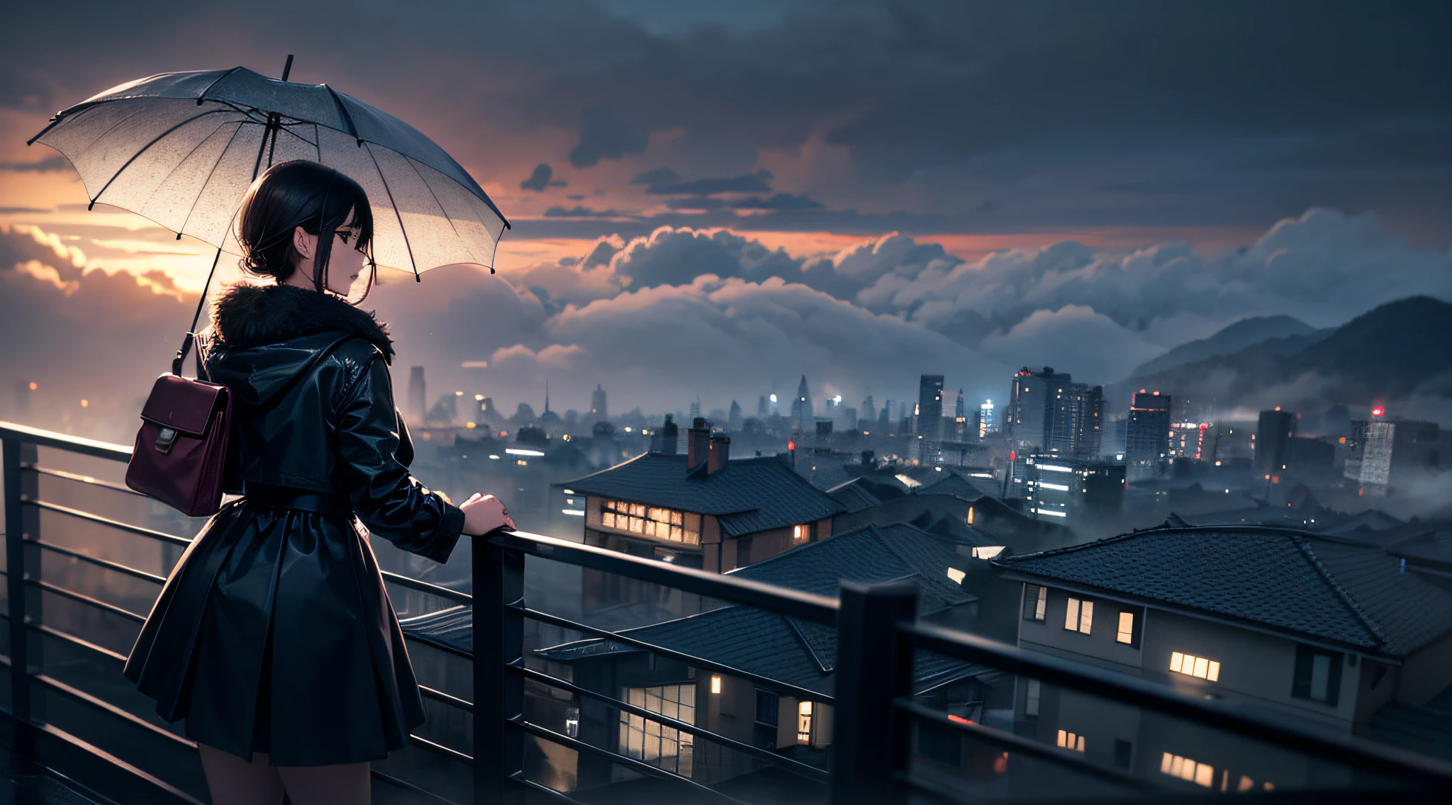 ((Masterpiece)), Best quality, Super detail, HDTV, Highly detailed CG unified 8K wallpaper, ((Pretty girl +1.2)), On a rainy morning, you can see the misty cityscape from the top of the hill. They hold brightly colored umbrellas in their hands and gaze at the fantastic scenery that spreads out over the city. Buildings and roads in the fog have a hazy silhouette, and the light after the rain reflects to create a beautiful scene. Their outfits and poses are unique, each sparkling in the morning light.