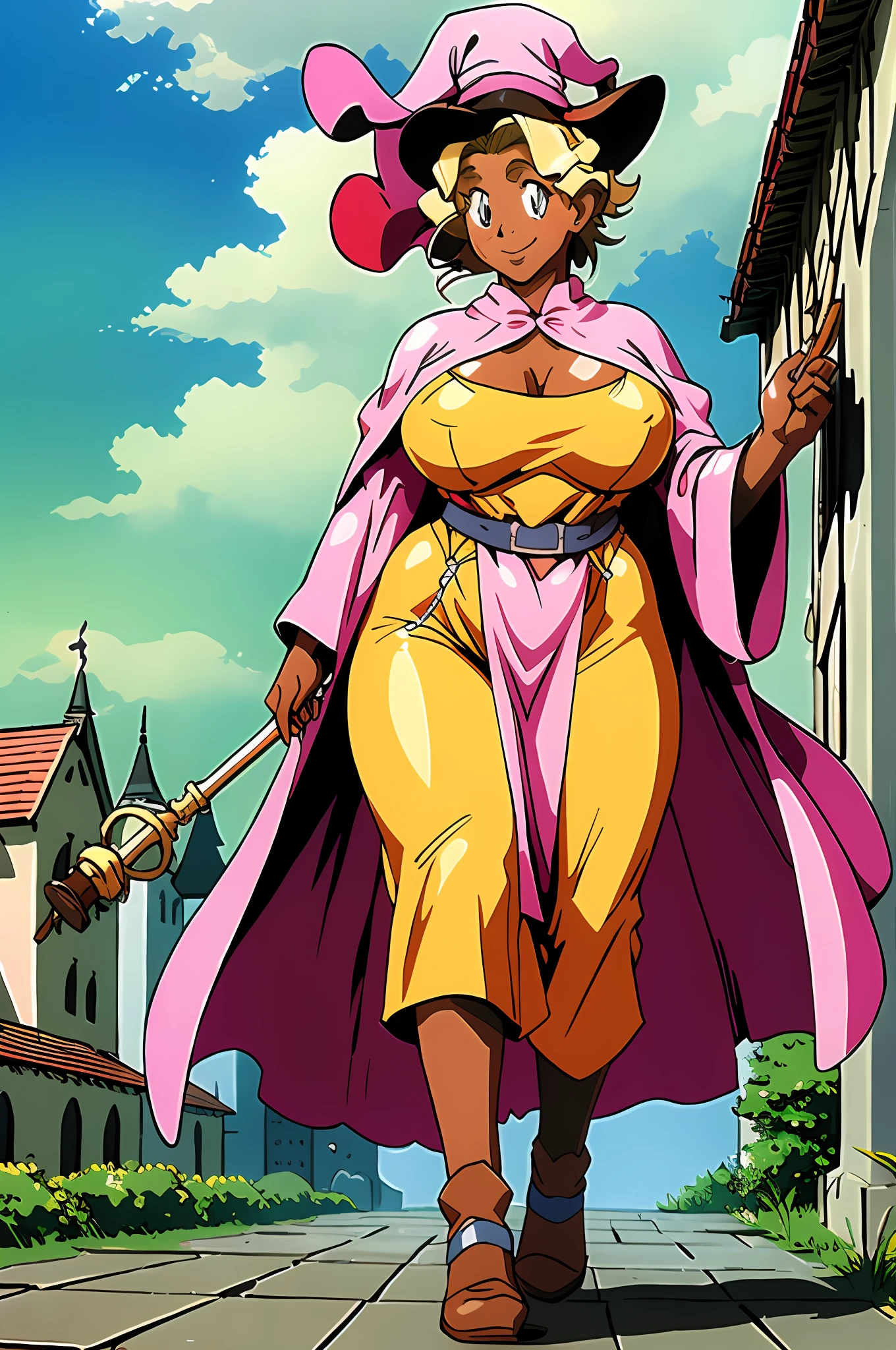 masterpiece, 1girl, Kuramitsu mihoshi, brown hair, dark skin, wizard hat, wizard robes, holding staff, smiling, blush, castle, brick floor, medieval, dust, fog, sunny, clouds, s, walking, full body, huge breast, thicc