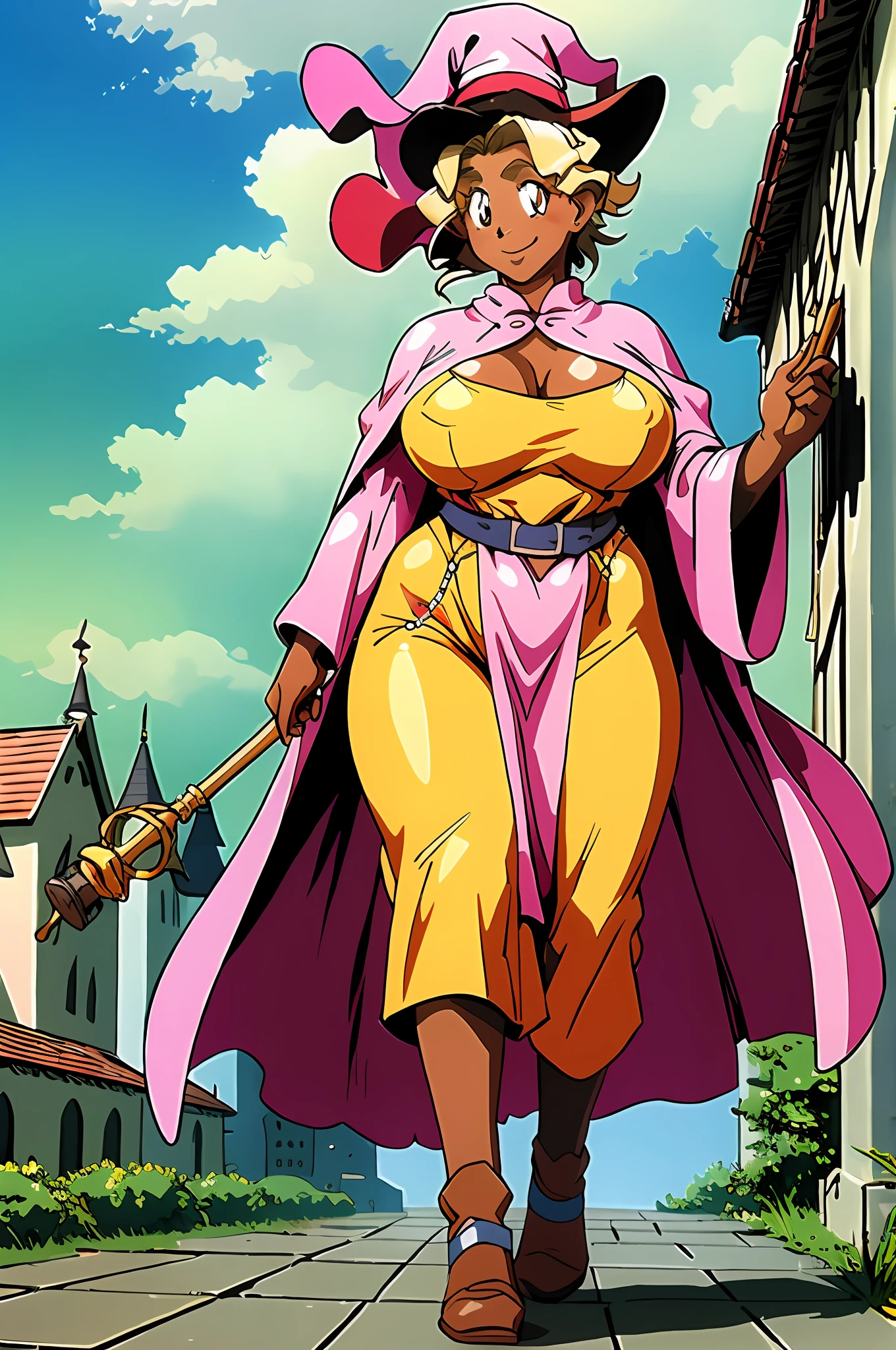 masterpiece, 1girl, Kuramitsu mihoshi, brown hair, dark skin, wizard hat, wizard robes, holding staff, smiling, blush, castle, brick floor, medieval, dust, fog, sunny, clouds, s, walking, full body, huge breast, thicc