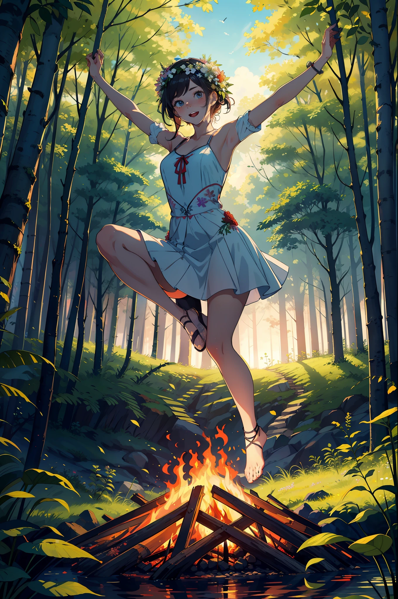 Masterpiece, high quality, guy and girl in transparent without obela, naked, in the forest (((jumping over the fire fire))) around them magic, magic, flowers, fern, beautiful sunset, fun, flower arrangements, wreaths of flowers on the head, river, forest, flower meadow, round dance, swans, willow, willow trees, 8k