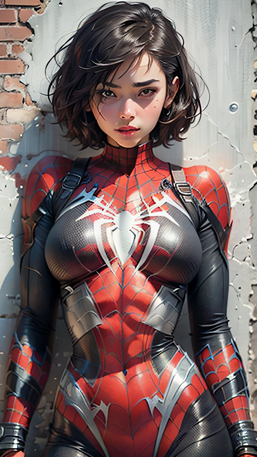 Beautiful woman with detailed defined body using Spider-Man role-play, short hair