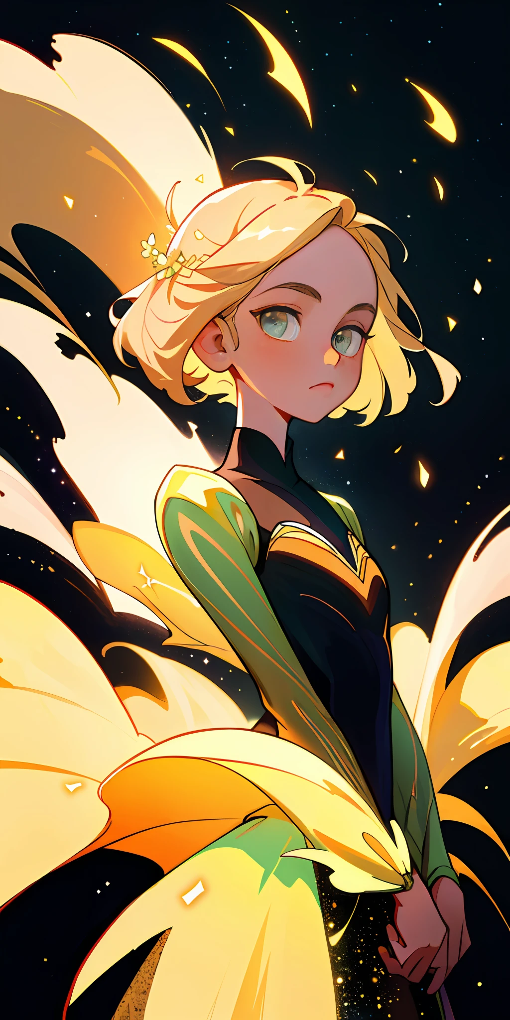 (best quality, masterpiece), 1girl, galaxy, glitter, dress, particle, wind, flower, upper body, dark simple background, looking at viewer, blonde,