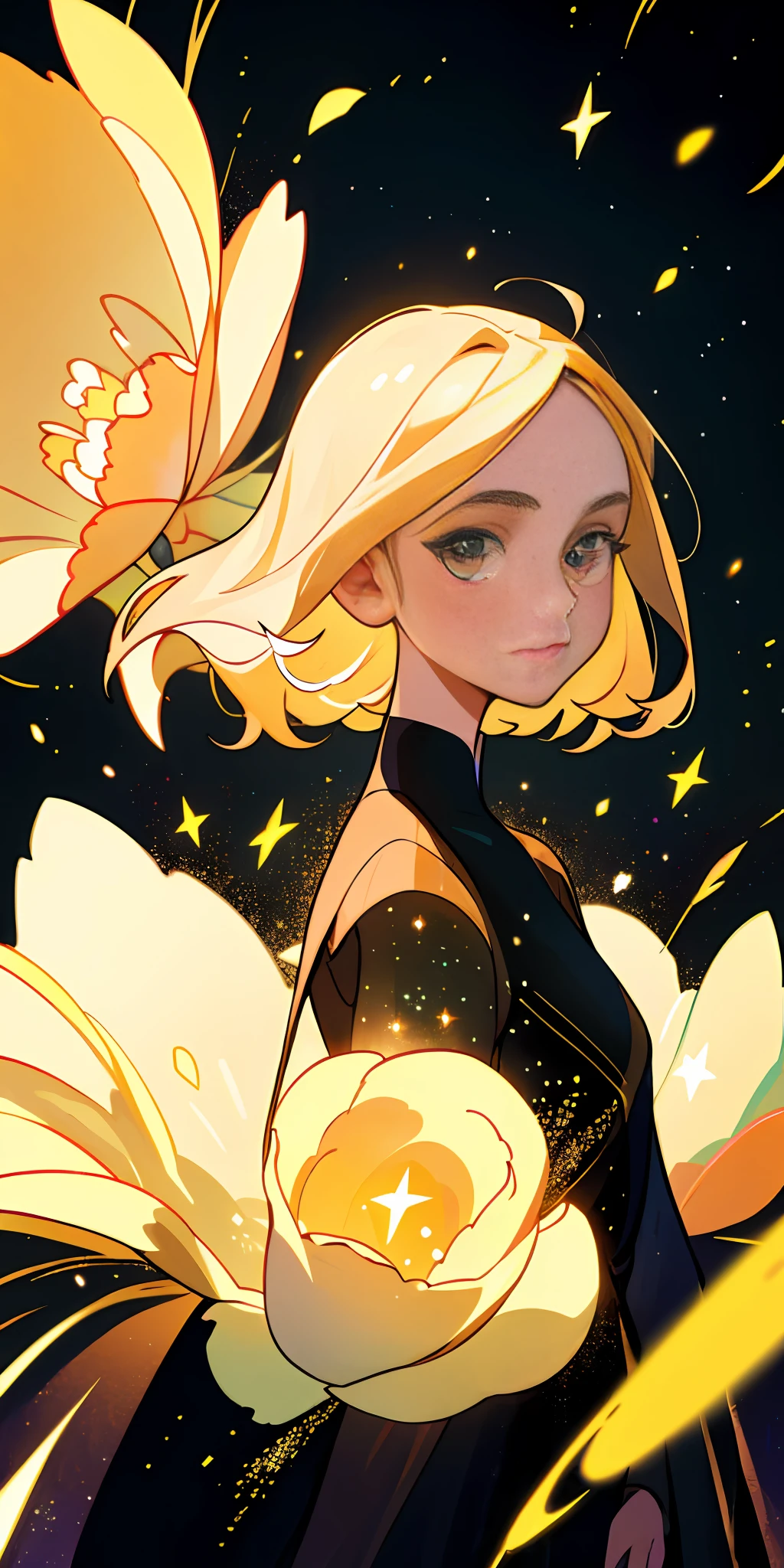 (best quality, masterpiece), 1girl, galaxy, glitter, dress, particle, wind, flower, upper body, dark simple background, looking at viewer, blonde,