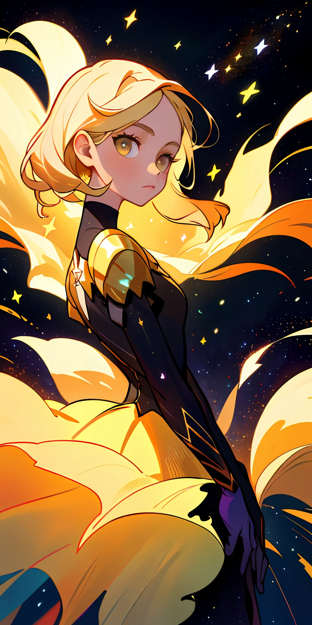 (best quality, masterpiece), 1girl, galaxy, glitter, dress, particle, wind, flower, upper body, dark simple background, looking at viewer, blonde,