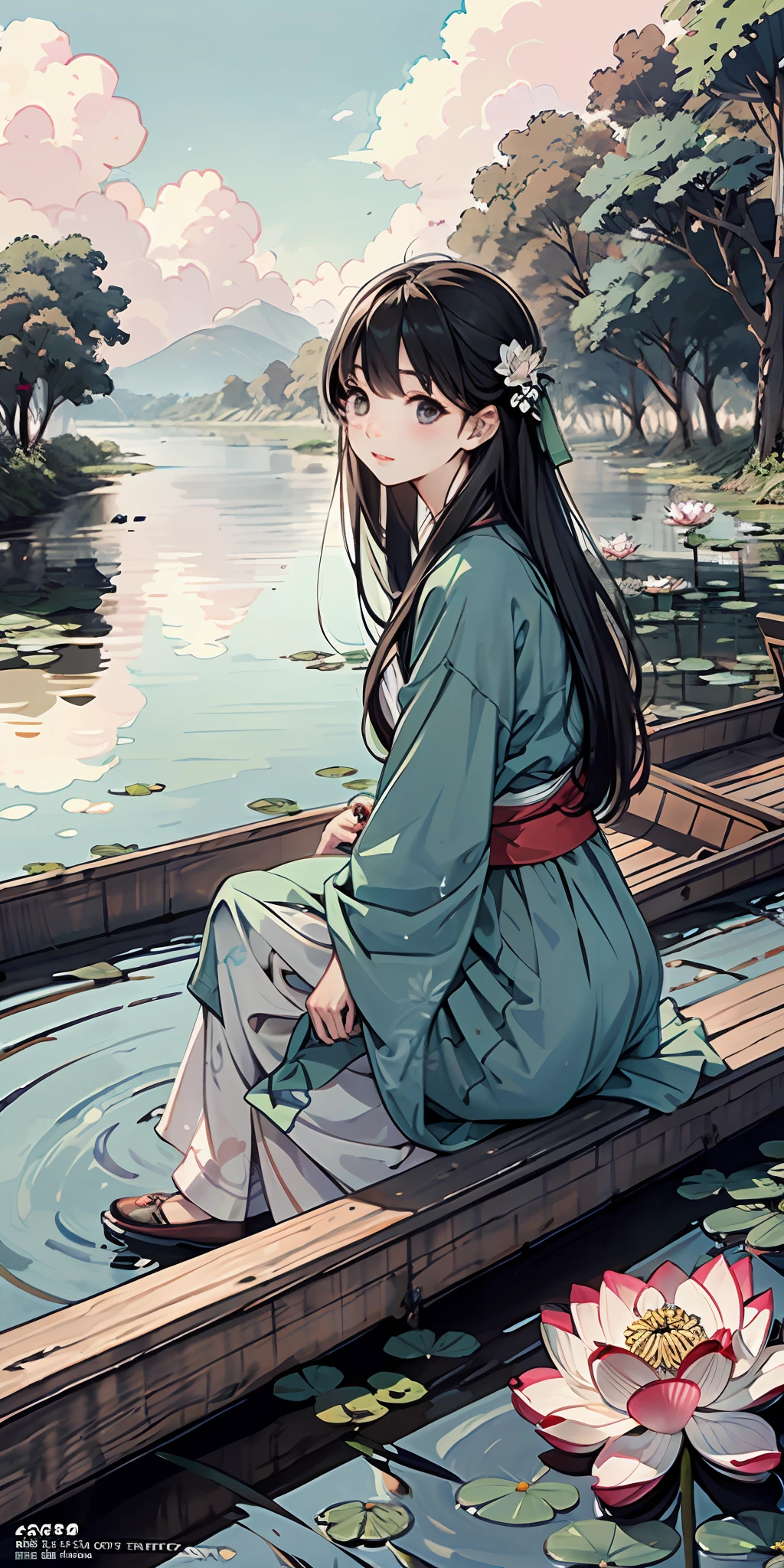 Masterpiece, best quality, official art, 8k wallpaper, very detailed, illustration, evening outdoor landscape, (1 girl, long skirt in Hanfu, sitting on a boat, drunken expression, black hair, long hair, detailed eyes), BREAK, (background: river full of lotus leaves, lots of lotus leaves: 1.3, many, many withering lotuses: 1.3, there are clouds in the sky), lots of lotus leaves, lots of lotus flowers, withering lotus flowers