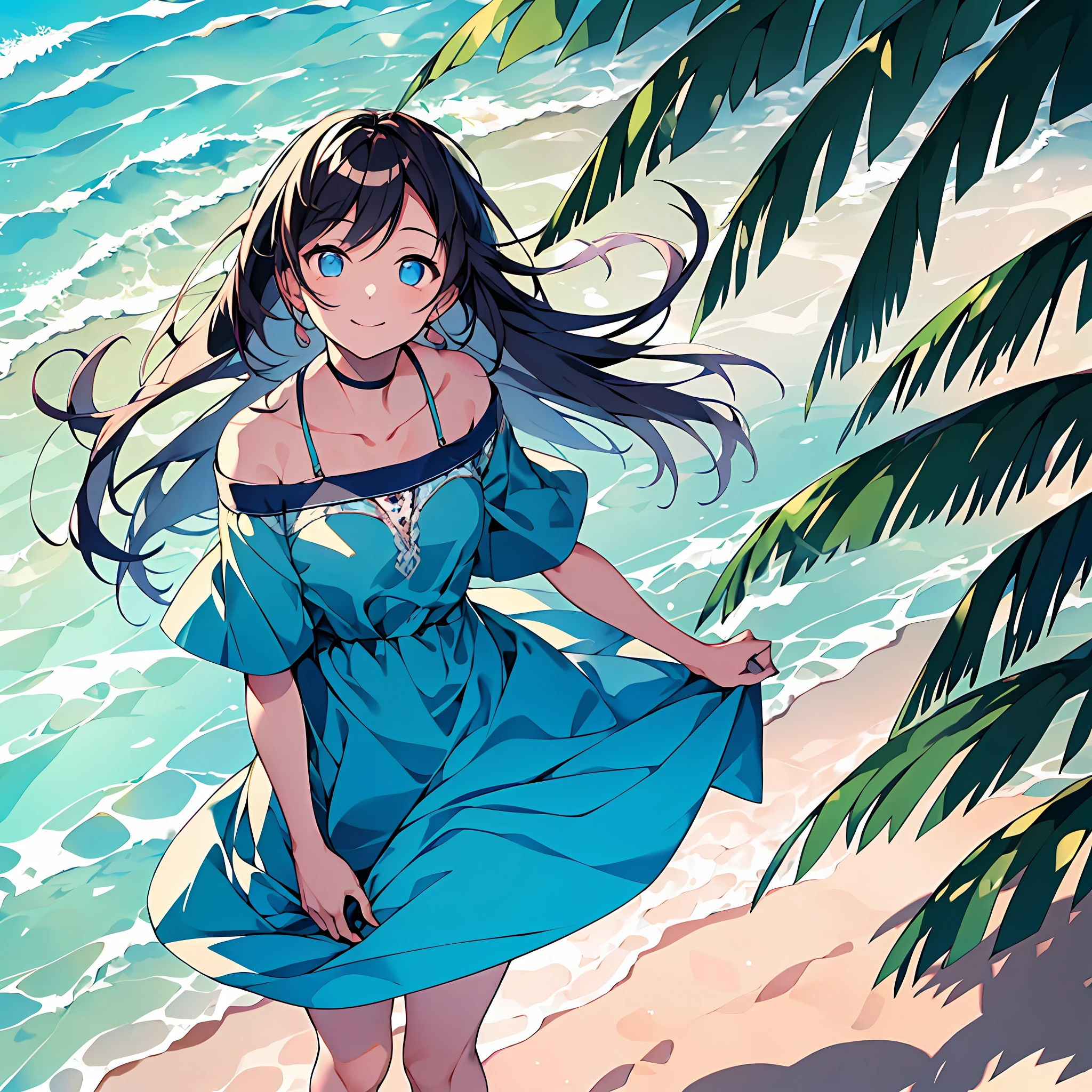 Color photography style, a girl standing on a sunlit beach, wearing a lightweight dress, sunlight casting bright spots on her, she looks up at the sky with a smile, the background consists of a blue ocean and pristine sand, creating a relaxed and joyful atmosphere