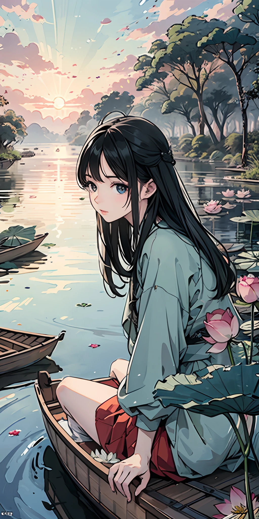 Masterpiece, best quality, official art, 8k wallpaper, very detailed, illustration, evening outdoor landscape, (1 girl, long skirt in Hanfu, sitting on a boat, drunken expression, black hair, long hair, detailed eyes), BREAK, (background: river full of lotus leaves, lots of lotus leaves: 1.3, many, many withering lotuses: 1.3, there are clouds in the sky), lots of lotus leaves, lots of lotus flowers, withering lotus flowers