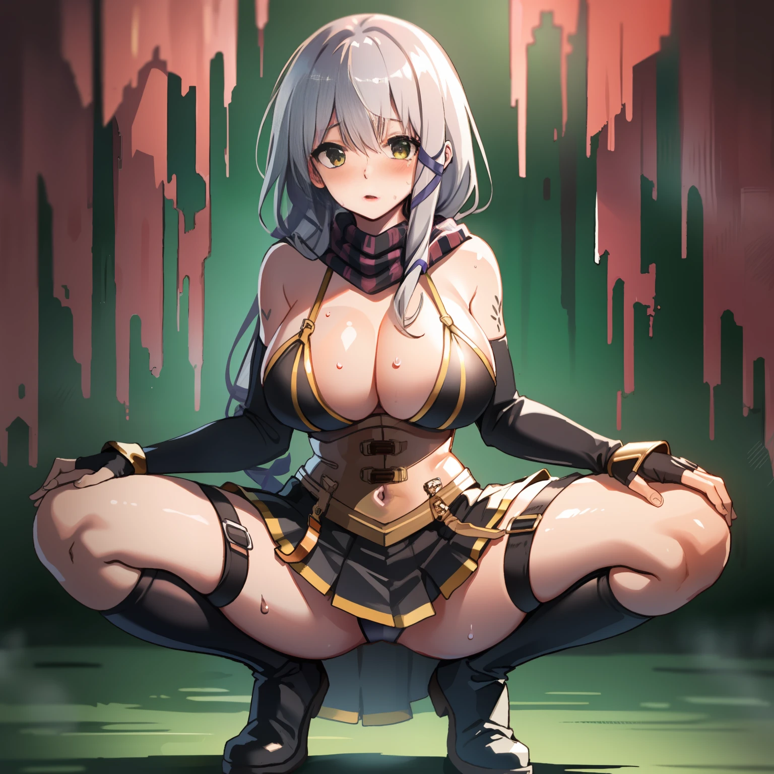 Masterpiece, Top Quality, Squatting, Legs wide spread and shins erect, Open legs,Watch Viewer, One Girl, Limestone Cave, Claira Rasbird, Long ponytail, Hair ribbon, Striped scarf, Black dress, Corset, Belt, Fingerless gloves, Thigh boots, Erotic,Sexy,Navel, Open Costume, Panty shot, White panty exposure, Huge breasts, Side breasts, green bra, bra exposed, short skirt, skirt pull-up, wide open cleavage, underboob, skin exposed, blush, surprised look, sweating on the skin,