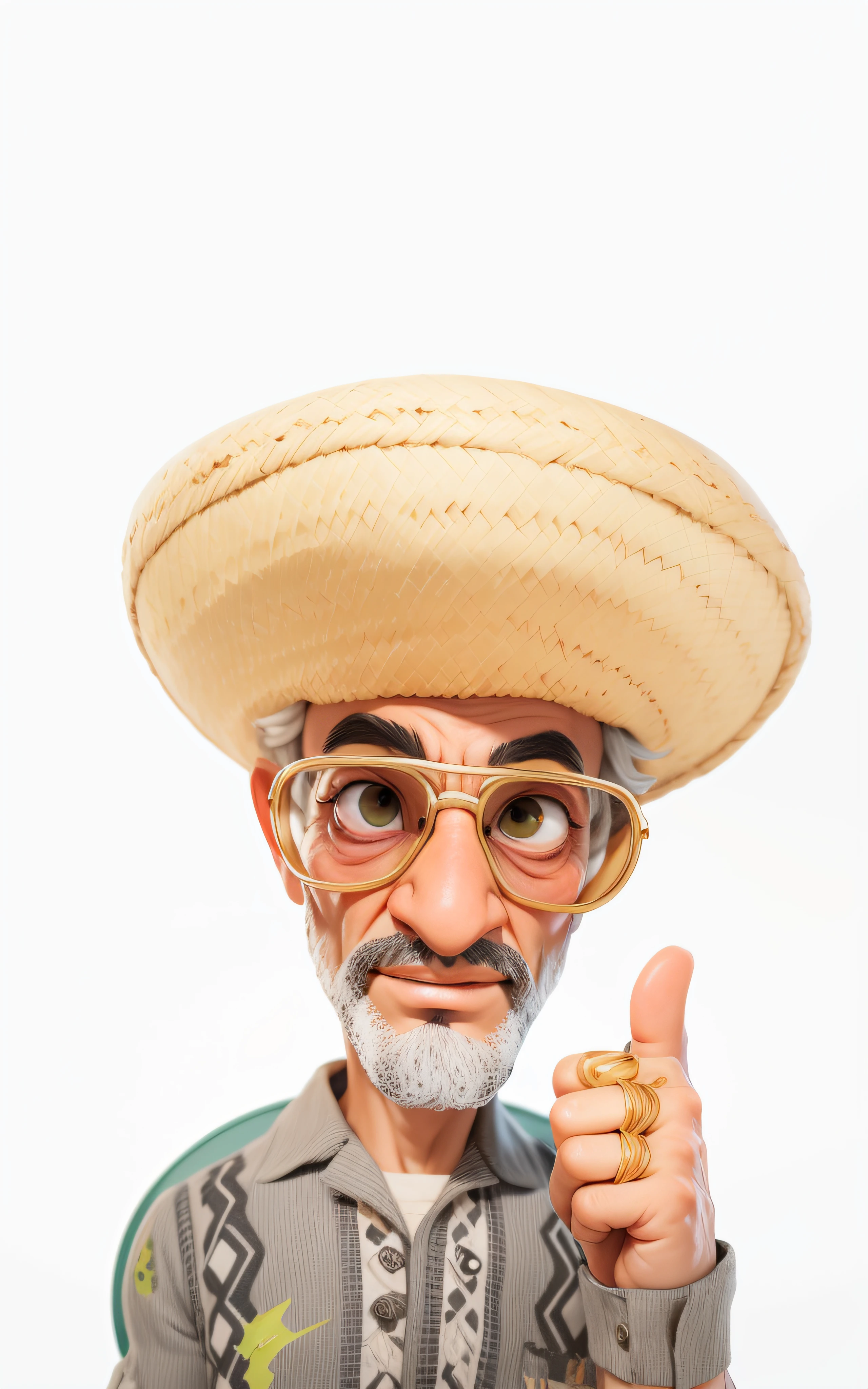 Lord of approximately 65 years gray hair, dark brunette,((Dark skin)), straw hat on head, sunglasses, masterpiece, best quality, 3d rending work, 3DMM style, close-up, portrait, 3D, realistic, upper body, radio studio background, looking away, light brown eyes,white beard, fleshy lips, striped shirt green colors, white. ((all-white background)).