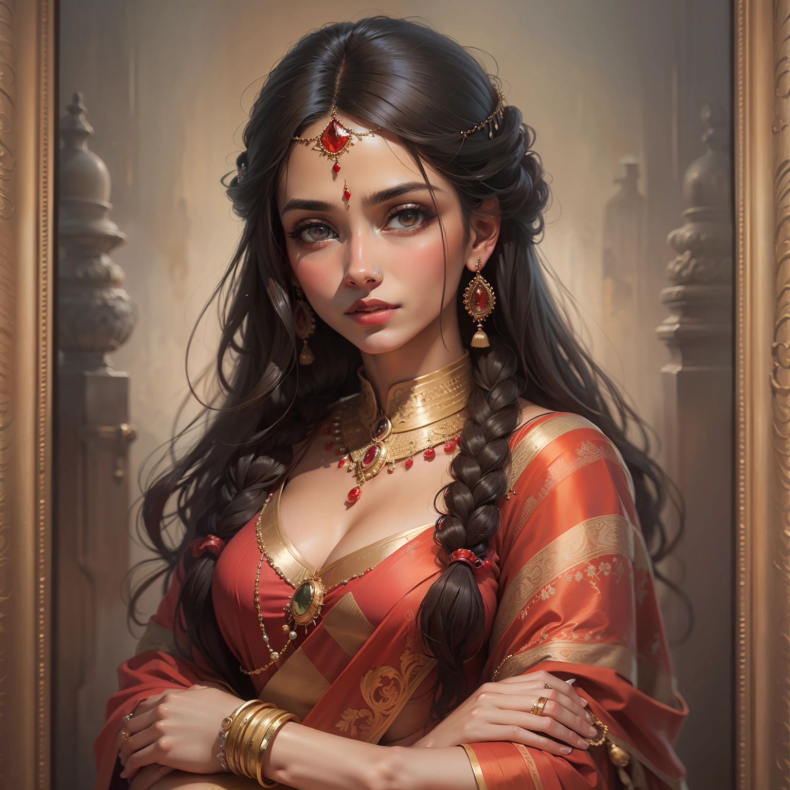 portrait of Indian, beautiful, in a saree and blouse, oil on canvas, romanticism