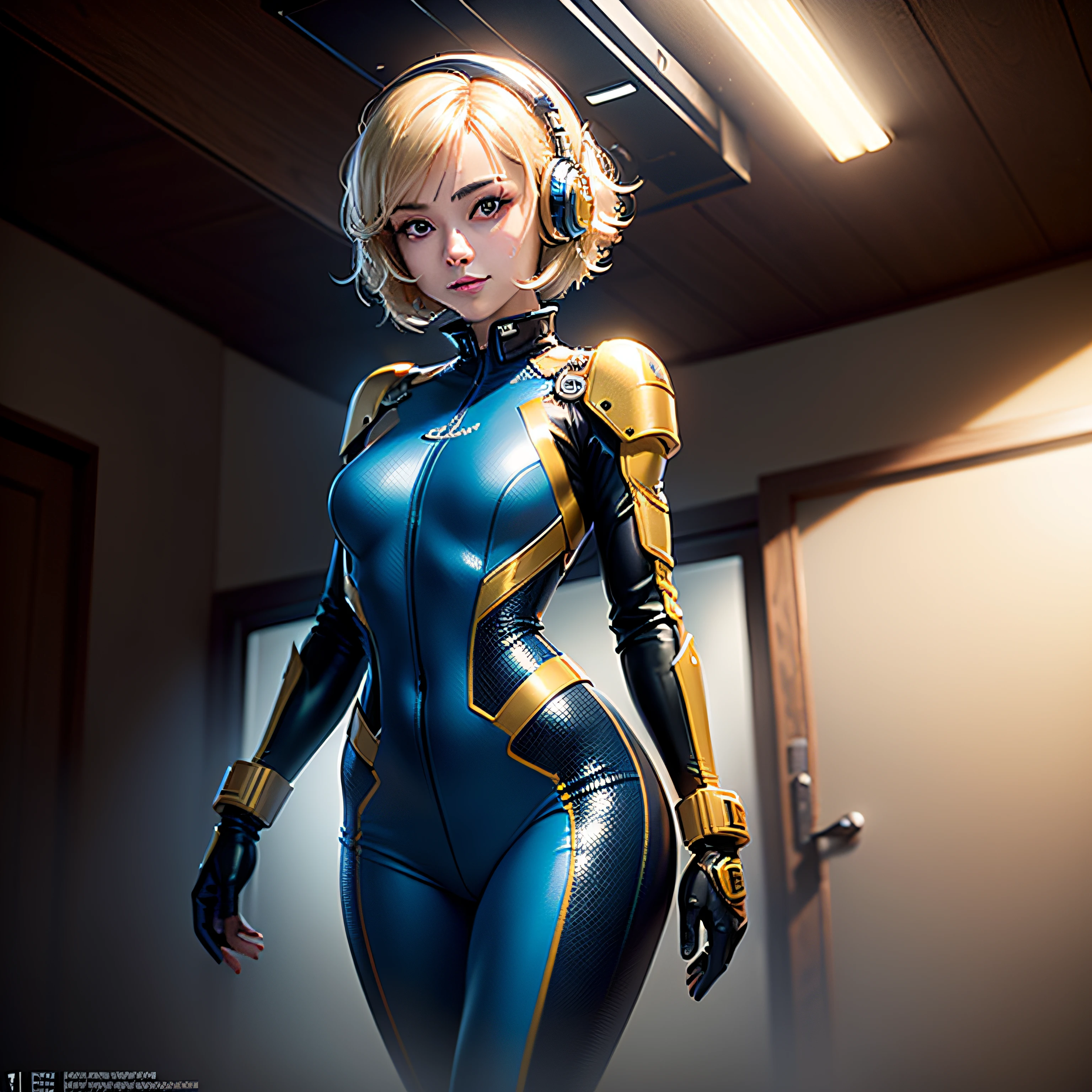 (Masterpiece, highest quality, highest resolution, distinct_image, very elaborate CG, cinematic lighting, ray tracing, drop shadows, detailed detail, (photorealistic: 1.4), high quality textures, fine-grained, realistic face expression): (single girl, face is Japan, blonde girl, short hair, small size breasts, Detailed Gundam cockpit with sparkly blue colored eyes, eye level shots, metallic gold colored flight suits, tight fitting clothes, full-body covering clothes, light smile, beauty, slim body, exoskeleton, heroine, headset, long boots, gloves, solo ride)