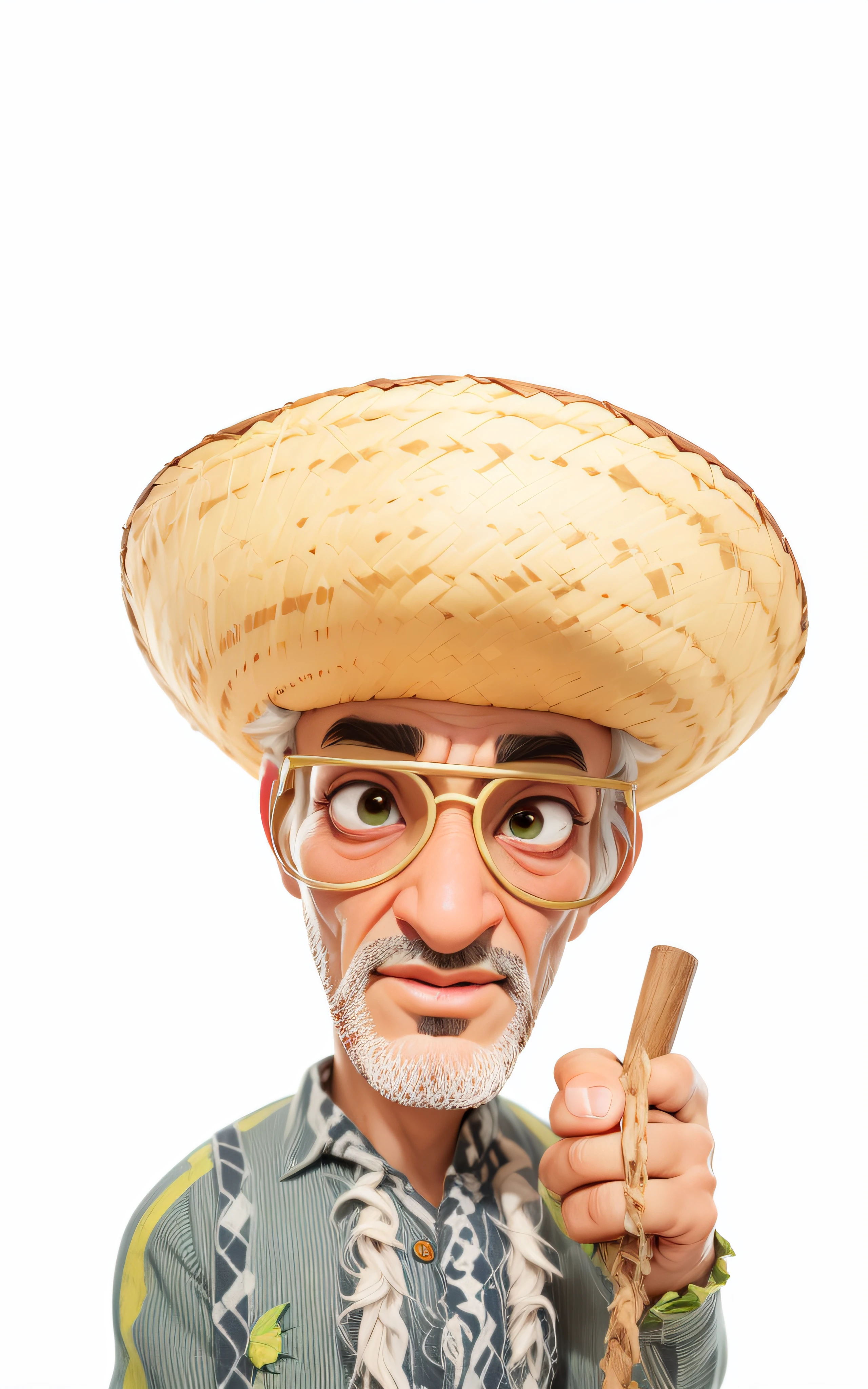 Lord of approximately 65 years gray hair, dark brunette,((Dark skin)), straw hat on head, sunglasses, masterpiece, best quality, 3d rending work, 3DMM style, close-up, portrait, 3D, realistic, upper body, radio studio background, looking away, light brown eyes,white beard, fleshy lips, striped shirt green colors, white. ((all-white background)).