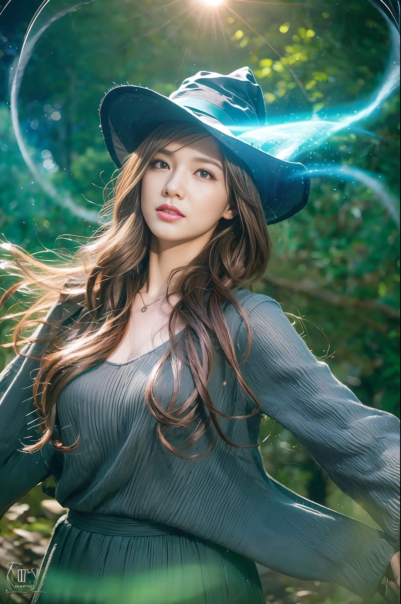 ray tracing z pass bright light from below, (masterpiece) (best quality) (detailed) (8k) (cinematic lighting) (sharp focus) (intricate) lora:add_detail:1,
1 girl, adult (elven:0.7) woman, grey eyes, auburn hair flaps,
looking down, solo, upper body, detailed background, witch hat, witch, magical atmosphere, hair flowing in the wind, blue trimmed dark colored clothes, glowing elemental streams in the air, swirling portal, dark magic, (style-swirlmagic:0.8), floating particles, rustic forest hut background, updraft, dim light,