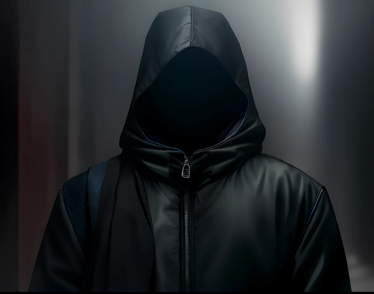 Person hooded person, obscured, mysterious man, obscured face, black jacket, realistic photo, 8k, detailed