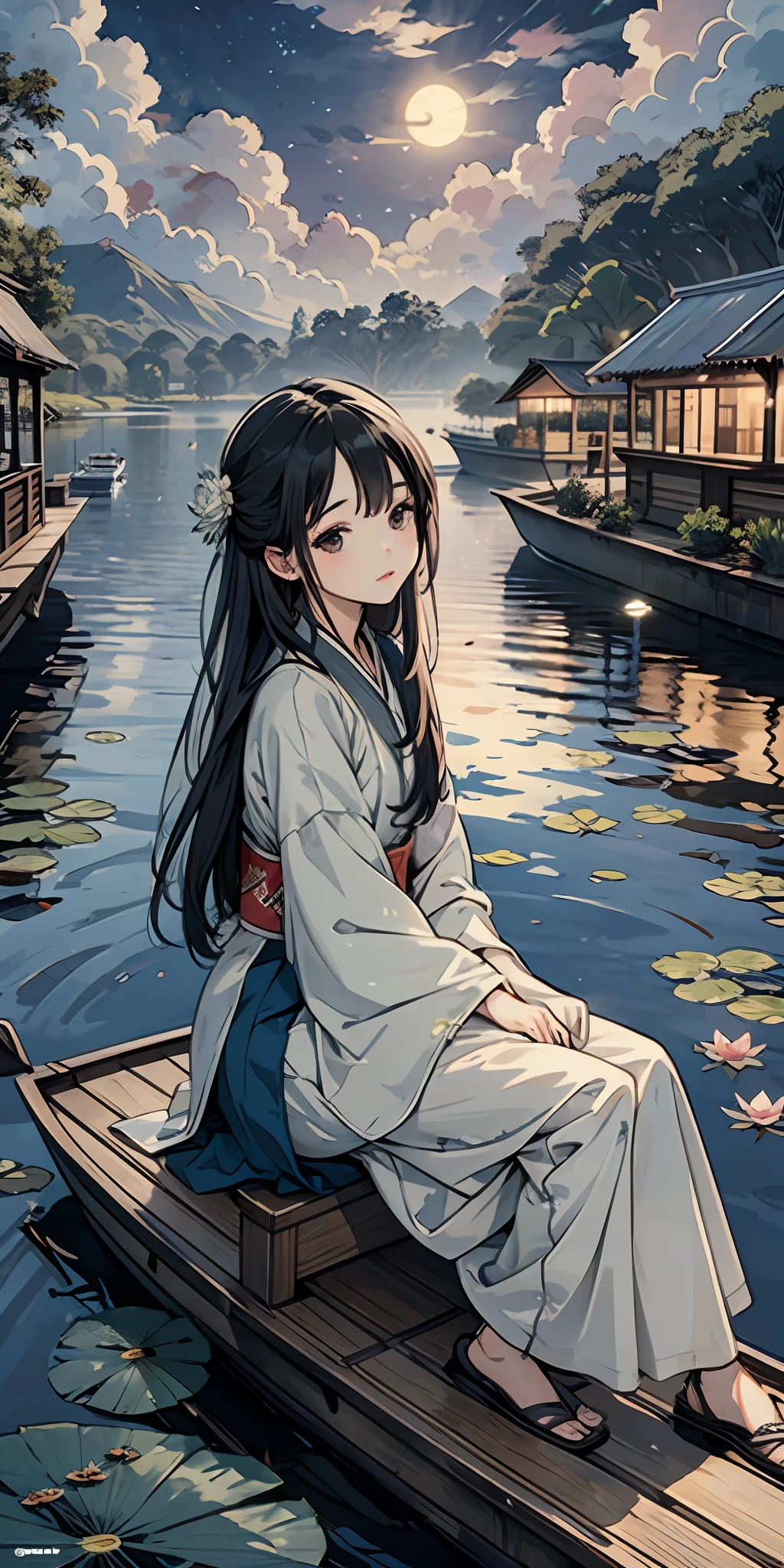 Masterpiece, best quality, official art, 8k wallpaper, very detailed, illustration, night outdoor landscape, moonlight, small building, (1 girl, spread out Hanfu long skirt, sitting on a boat, drunken expression, black hair, long hair, detailed eyes), BREAK, (background: river full of lotus leaves, lots of lotus leaves: 1.3, many, many withering lotuses: 1.3, clouds in the sky), lots of lotus leaves, lots of lotus flowers, withering lotus flowers