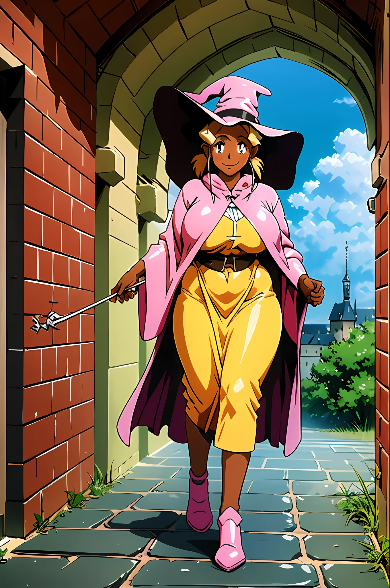 masterpiece, 1girl, Kuramitsu mihoshi, brown hair, dark skin, wizard hat, wizard robes, holding staff, smiling, blush, castle, brick floor, medieval, dust, fog, sunny, clouds, s, walking, full body, huge breast, thicc