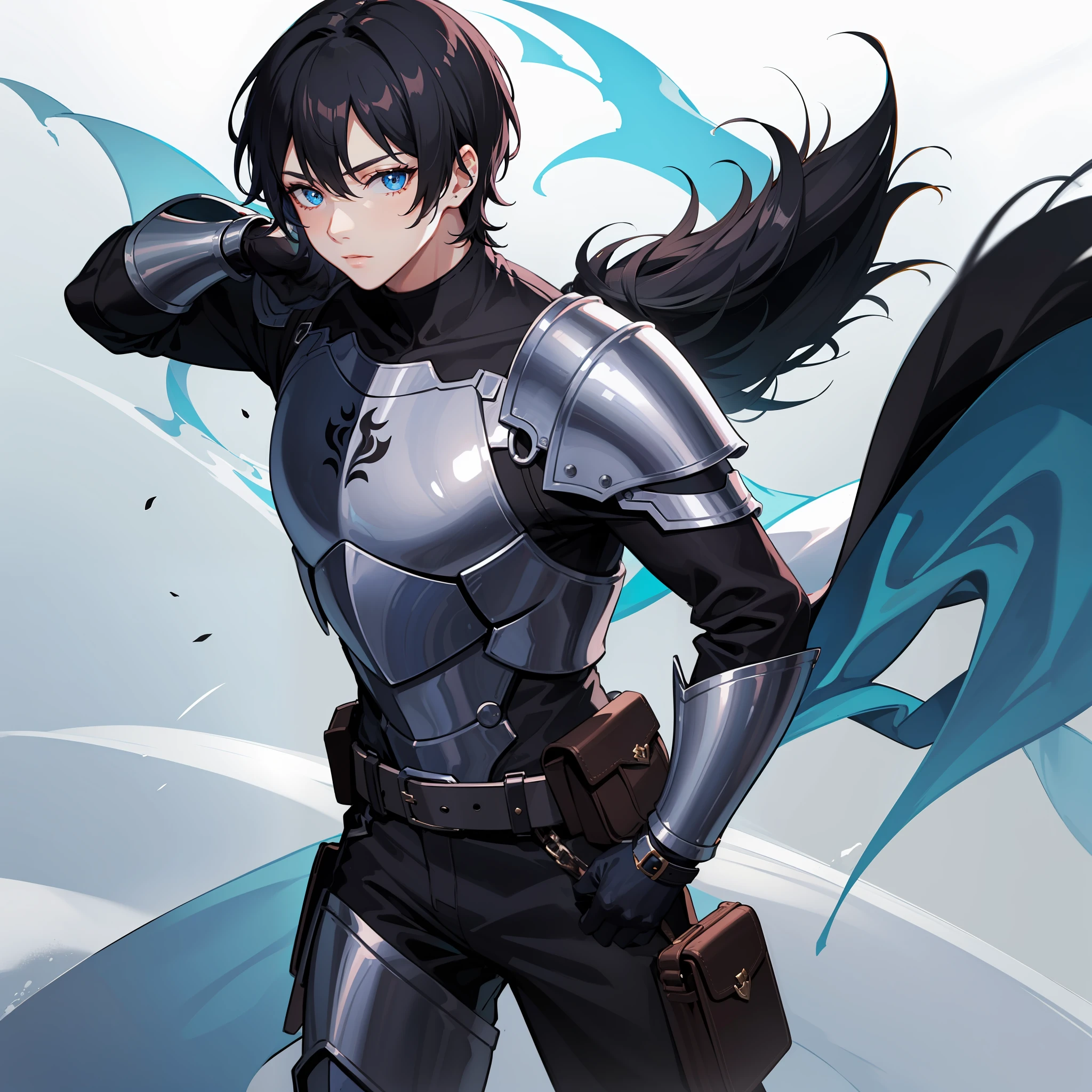 solo male, knight armor, silver boots, black pants, fur, black hair, blue eyes, short hair