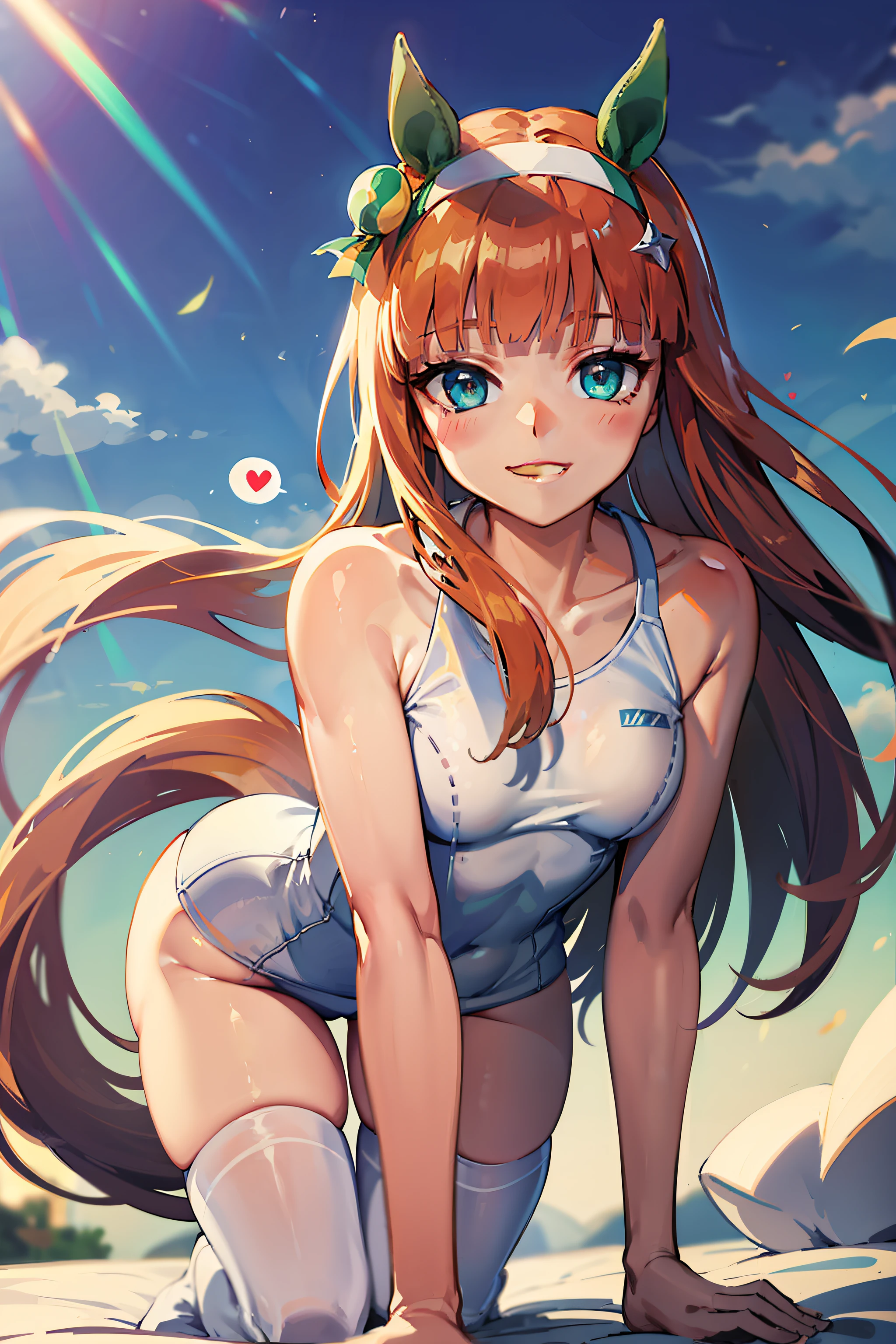 masterpiece, best quality, silence suzuka \(umamusume\), small breast, horse tail, looking at viewer, smile, (white swimsuit), (black thighhighs:1.1), floating hair, wind, wind lift, shiny hair, bedroom,all Fours, on bed, morning sun, morning, wind lift curtain, spoken heart,