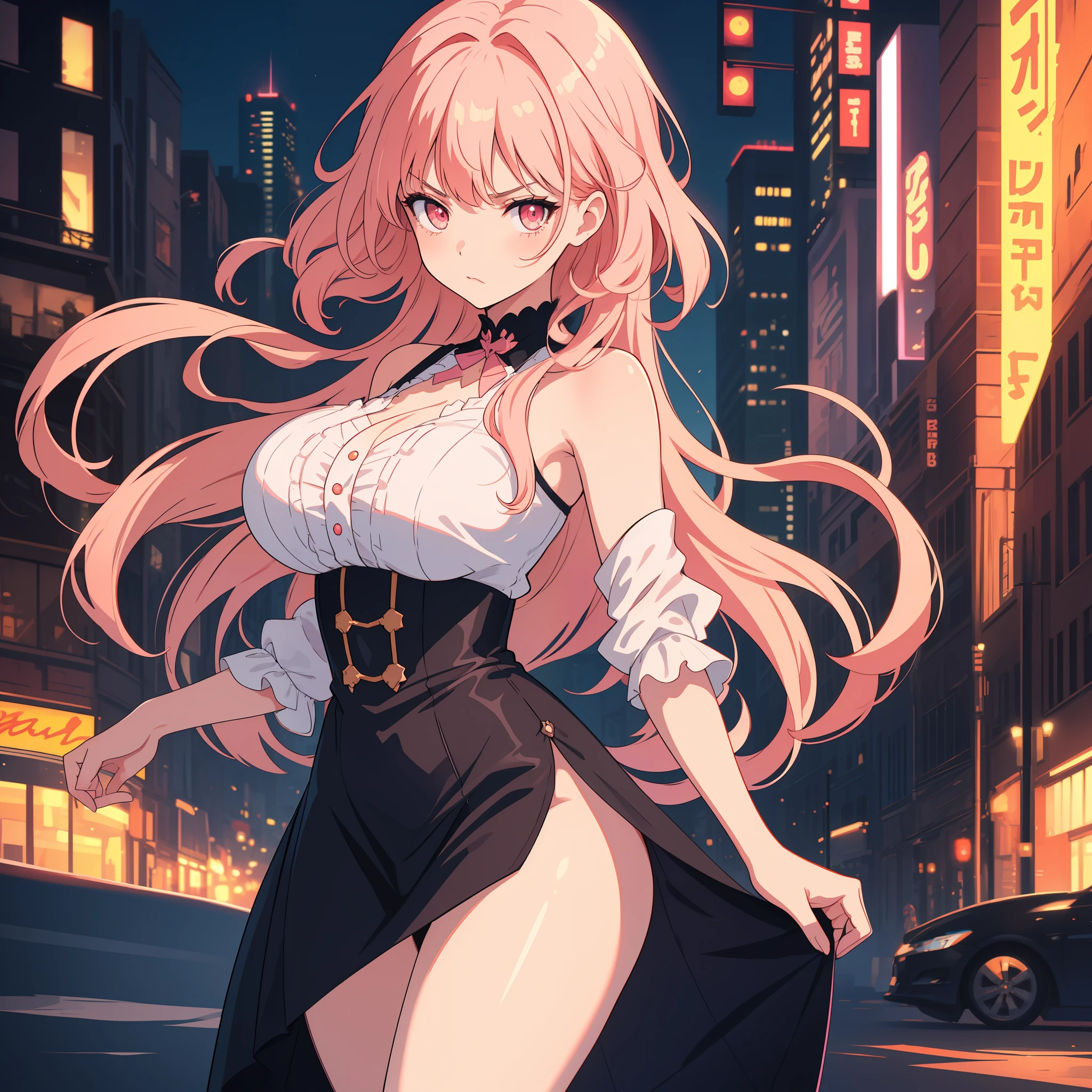 (masterpiece, best quality), ((1girl, (mature)), ((girl standing brave)) brave face ((hair fulfilled)) (salmon pink hair, hair fulfilled, hair with bangs, hair with orange stirs, beautiful hair), (pink eyes, beautiful eyes, sharp eyes, brave face)) (city background), Fallen to the ground bruised (highres, Chromatic aberration),black gala dress, big tits, (big hair) big breasts ((confident look)) ((serious look))