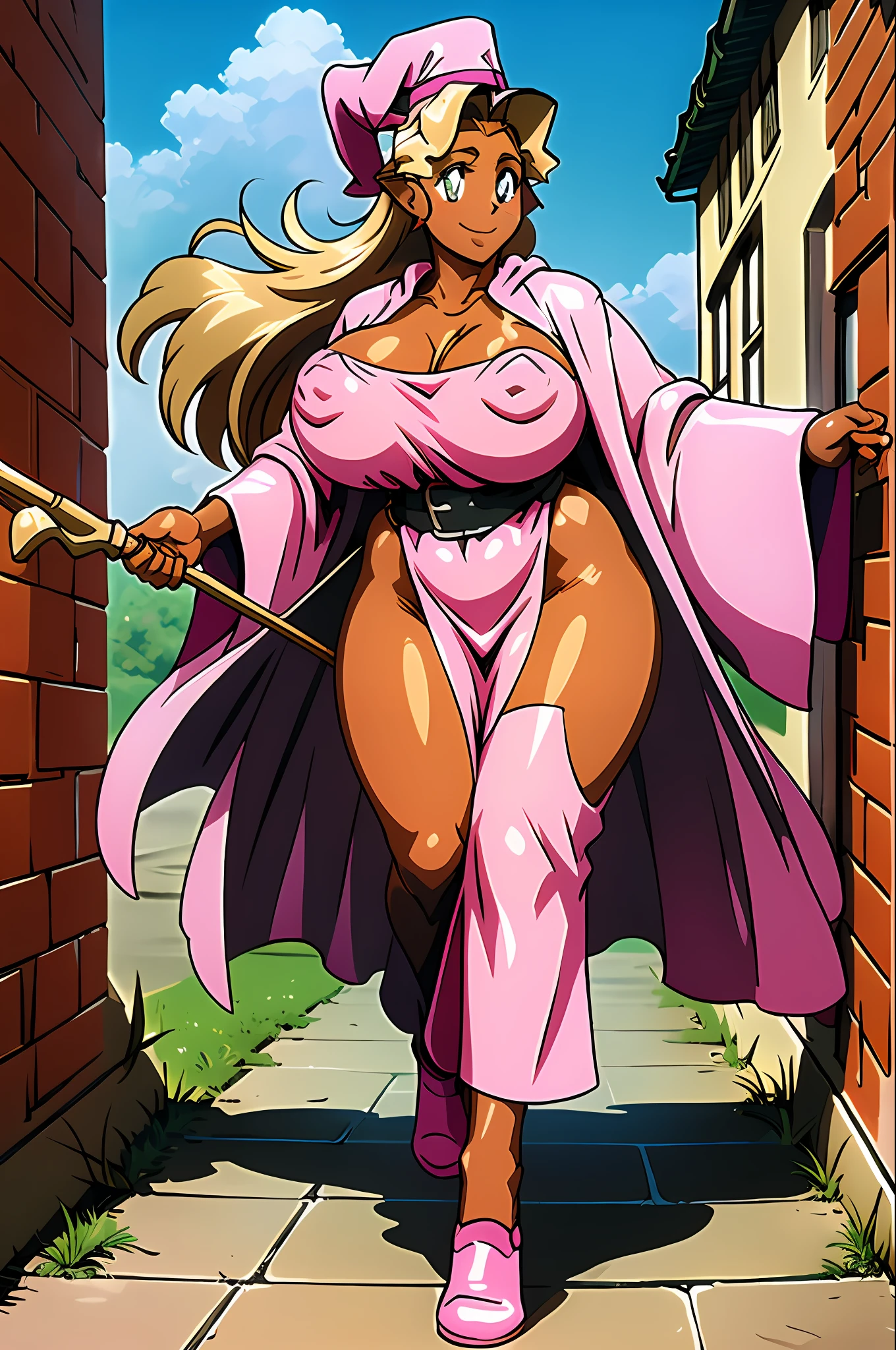 masterpiece, 1girl, Kuramitsu mihoshi, brown hair, dark skin, wizard hat, wizard robes, holding staff, smiling, blush, castle, brick floor, medieval, dust, fog, sunny, clouds, s, walking, full body, huge breast, thicc