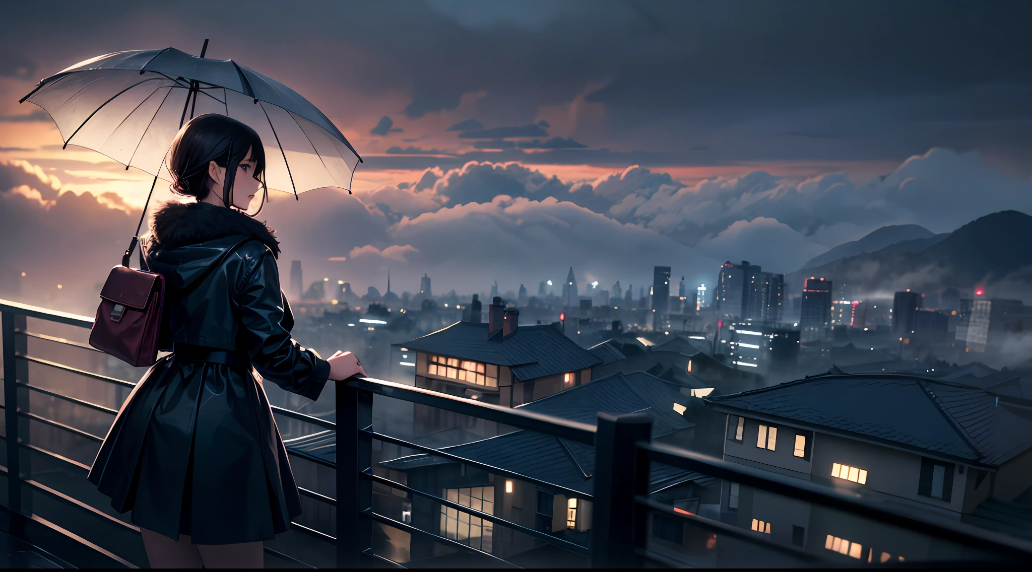 ((Masterpiece)), Best quality, Super detail, HDTV, Highly detailed CG unified 8K wallpaper, ((Pretty girl +1.2)), On a rainy morning, you can see the misty cityscape from the top of the hill. They hold brightly colored umbrellas in their hands and gaze at the fantastic scenery that spreads out over the city. Buildings and roads in the fog have a hazy silhouette, and the light after the rain reflects to create a beautiful scene. Their outfits and poses are unique, each sparkling in the morning light.