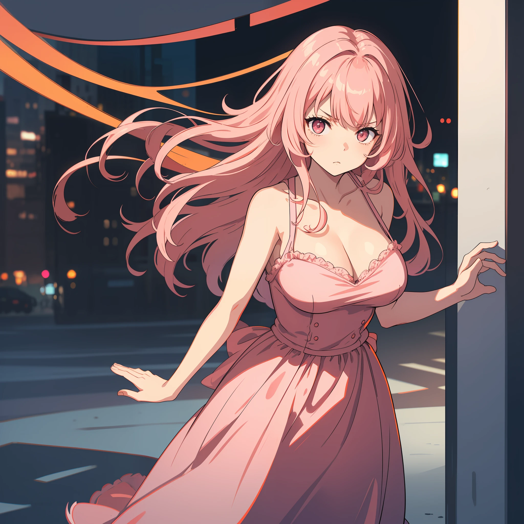 (masterpiece, best quality), ((1girl, (mature)), ((girl standing brave)) brave face ((hair fulfilled)) (salmon pink hair, hair fulfilled, hair with bangs, hair with orange stirs, beautiful hair), (pink eyes, beautiful eyes, sharp eyes, brave face)) (city background), Fallen to the ground bruised (highres, Chromatic aberration),black gala dress, big tits, (big hair) big breasts ((confident look)) ((serious look))