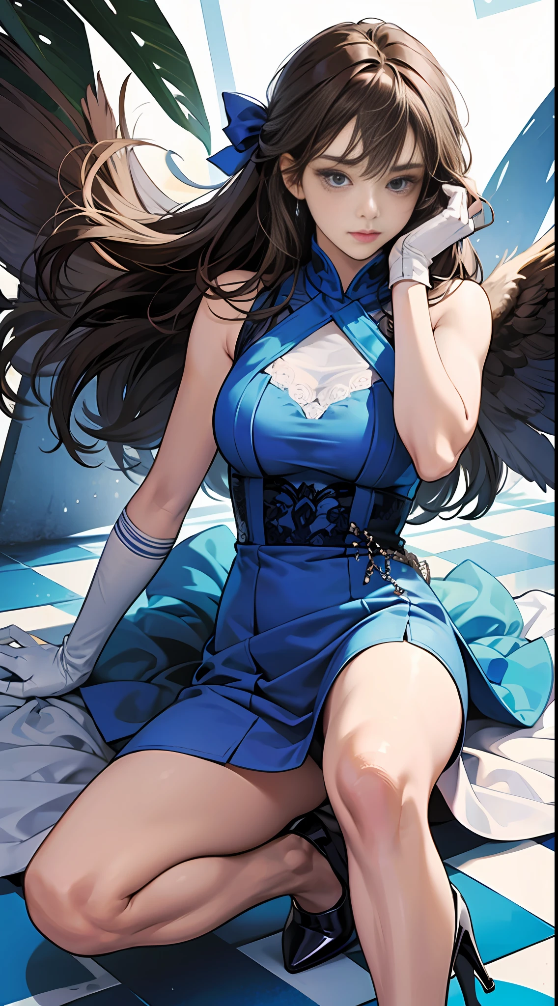 1girl, solo, brown hair, blue sleeveless dress, white elbow length gloves, blue high heels, closed toe high heels