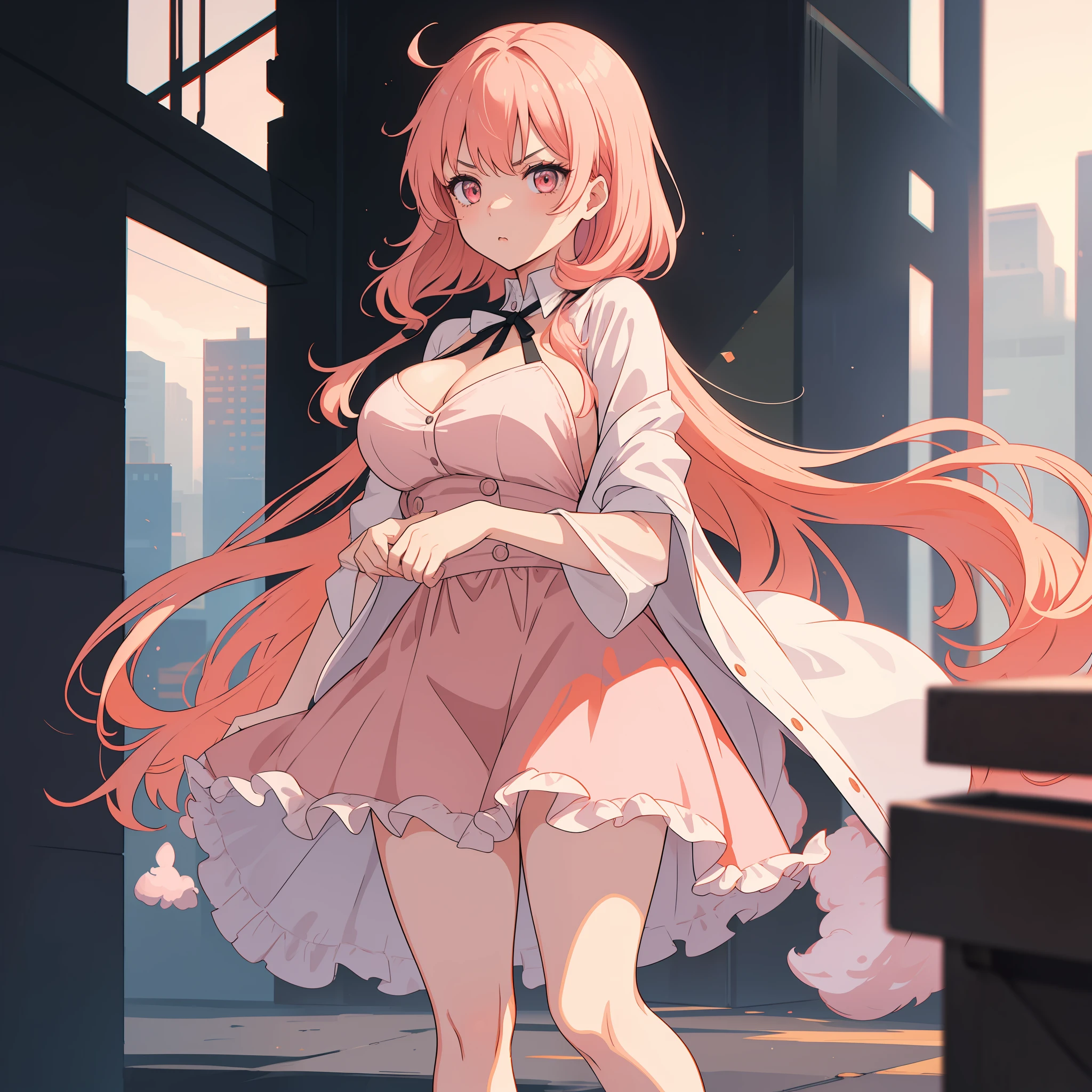 (masterpiece, best quality), ((1girl, (mature)), ((girl standing brave)) brave face ((hair fulfilled)) (salmon pink hair, hair fulfilled, hair with bangs, hair with orange stirs, beautiful hair), (pink eyes, beautiful eyes, sharp eyes, brave face)) (city background), Fallen to the ground bruised (highres, Chromatic aberration),black gala dress, big tits, (big hair) big breasts ((confident look)) ((serious look))